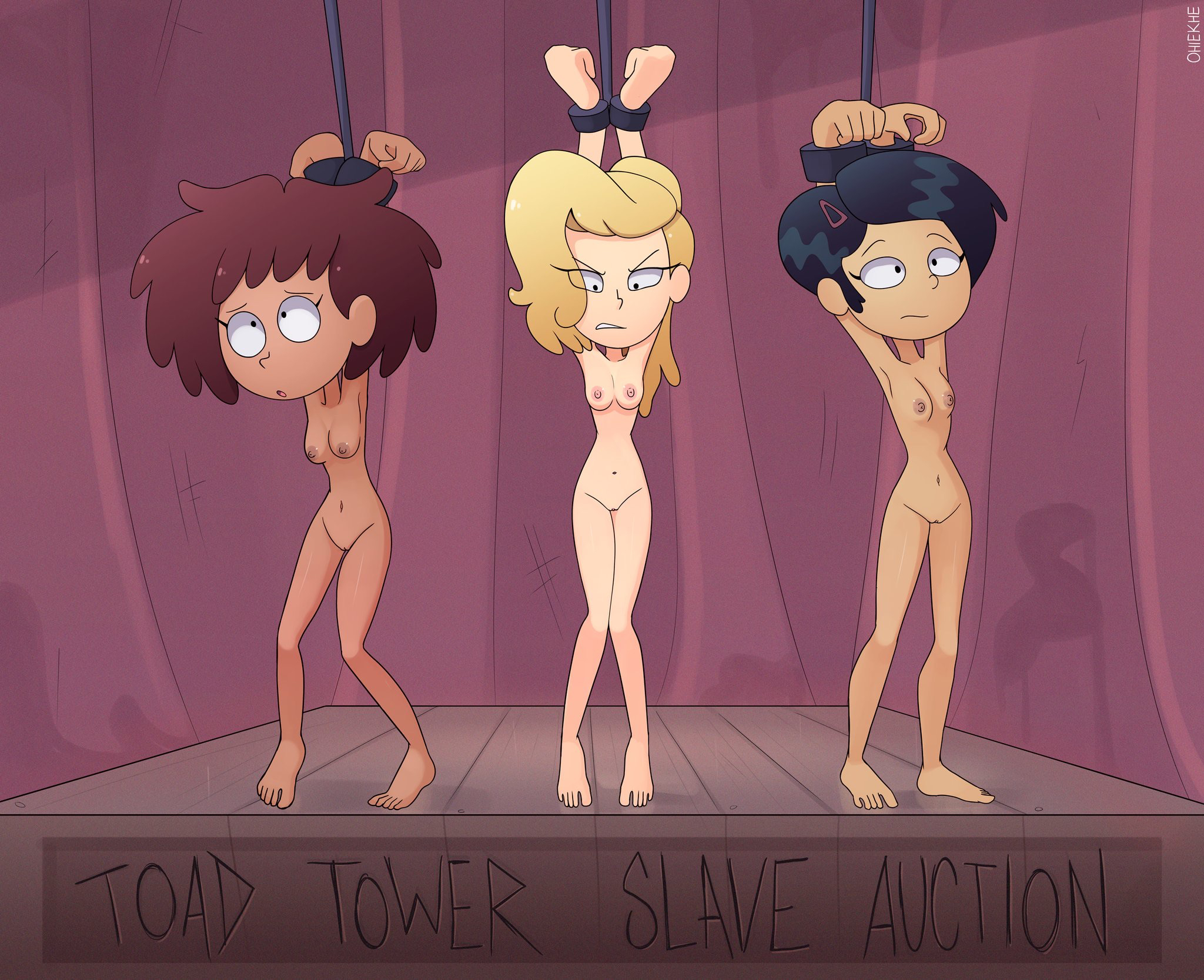 3girls, amphibia, anne boonchuy, arms tied, barefoot, black hair, blonde hair, breasts, brown hair, dark hair, dark skin, dark-skinned female, feet, female, female only, group, human, light hair, marcy wu, multiple females, multiple girls, nipples, nude, ohiekhe, pale skin, restrained wrists, sasha waybright, sashannarcy, slave auction, slave sale, straight hair, taiwanese, thai, toes, trio