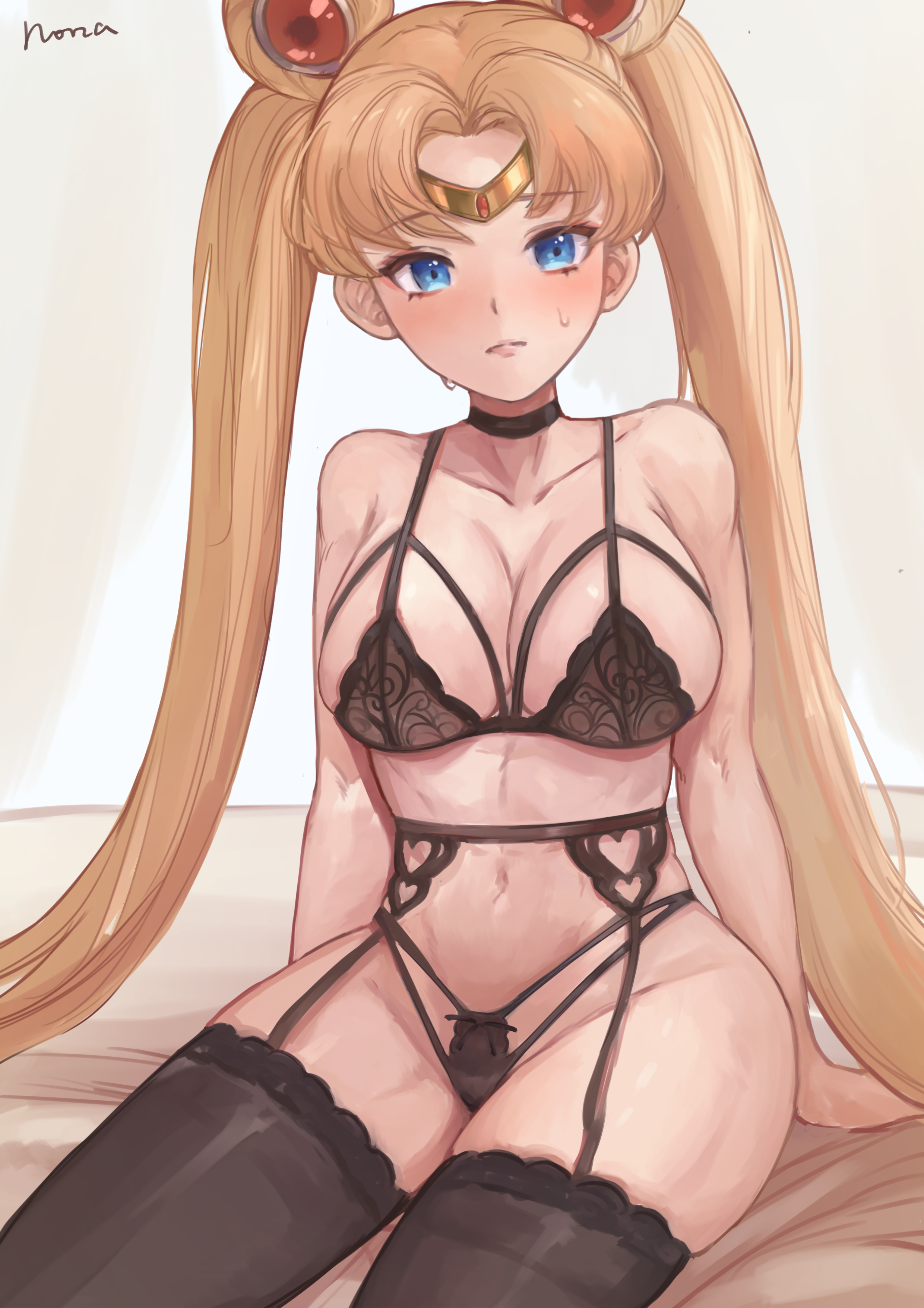 1girls, 2022, bishoujo senshi sailor moon, black lingerie, blonde hair, blue eyes, blush, bra, breasts, circlet, embarrassed, female, female only, garter straps, hair ornament, hi res, hips, huge breasts, large breasts, lingerie, looking at viewer, norza, panties, png, sailor moon, simple background, skindentation, slim waist, solo, standing, thick thighs, thighhighs, thighs, twin buns, twintails, usagi tsukino, wide hips