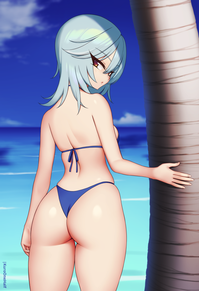 artist_name ass back bangs bare_shoulders beach bikini blue_bikini blue_hair blue_sky blurry blurry_background breasts closed_mouth cloud cowboy_shot day eula_(genshin_impact) eyebrows_visible_through_hair female genshin_impact horizon kuroonehalf looking_at_viewer looking_back medium_breasts medium_hair ocean outdoors palm_tree purple_eyes skindentation sky solo solo_female standing swimsuit thigh_gap tree water