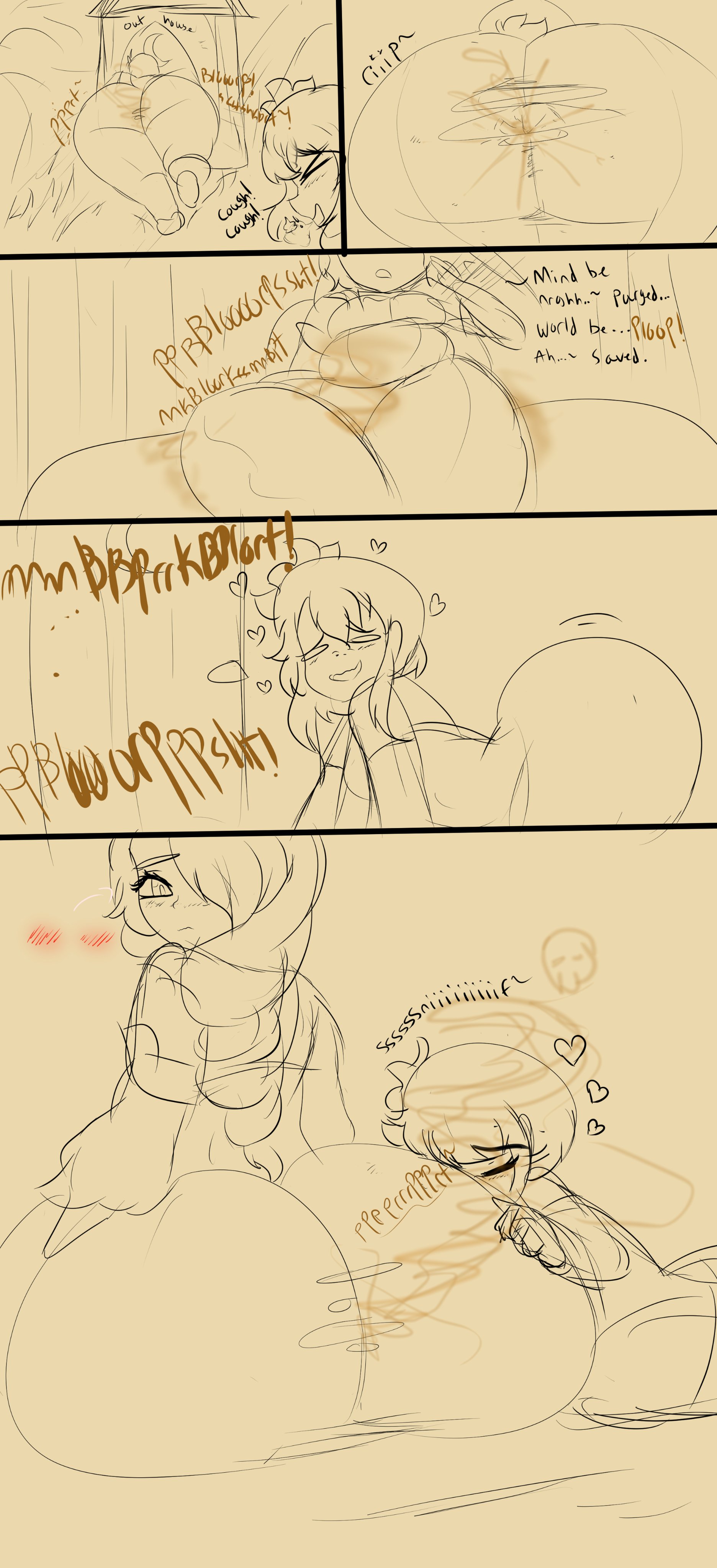 2girls, anus, ass, asshole, big ass, big butt, blush, closed eyes, enjoying farts, fart, fart cloud, fart fetish, fart sniffing, farting, female, female pervert, genshin impact, hair over one eye, heart, looking back, lumine (genshin impact), melissaalli, open mouth, shenhe (genshin impact), sitting, sketch, smile, text, thick thighs, torn clothes, uncolored, yuri