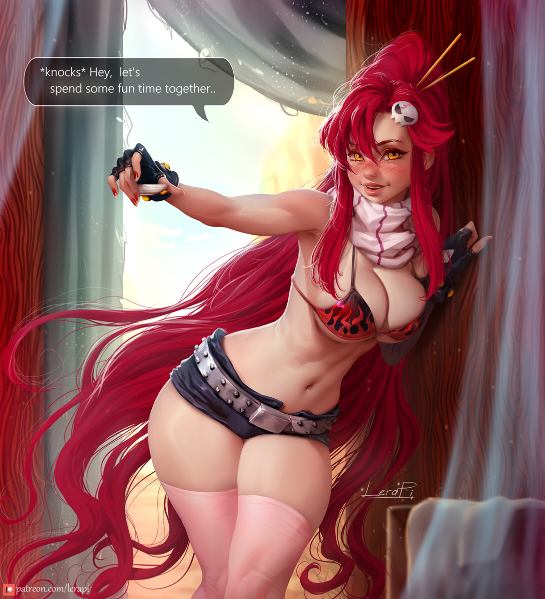 armpit, big breasts, bikini top, black gloves, blush, breasts, cleavage, curvy, drunk, english text, female, female only, fingerless gloves, gloves, hair ornament, hairclip, hourglass figure, lerapi, long hair, looking at viewer, nail polish, pink thighhighs, ponytail, red hair, red nails, shaved armpit, short shorts, smile, solo, speech bubble, tengen toppa gurren lagann, thick thighs, thighhighs, underboob, very long hair, wide hips, yellow eyes, yoko littner, zettai ryouiki