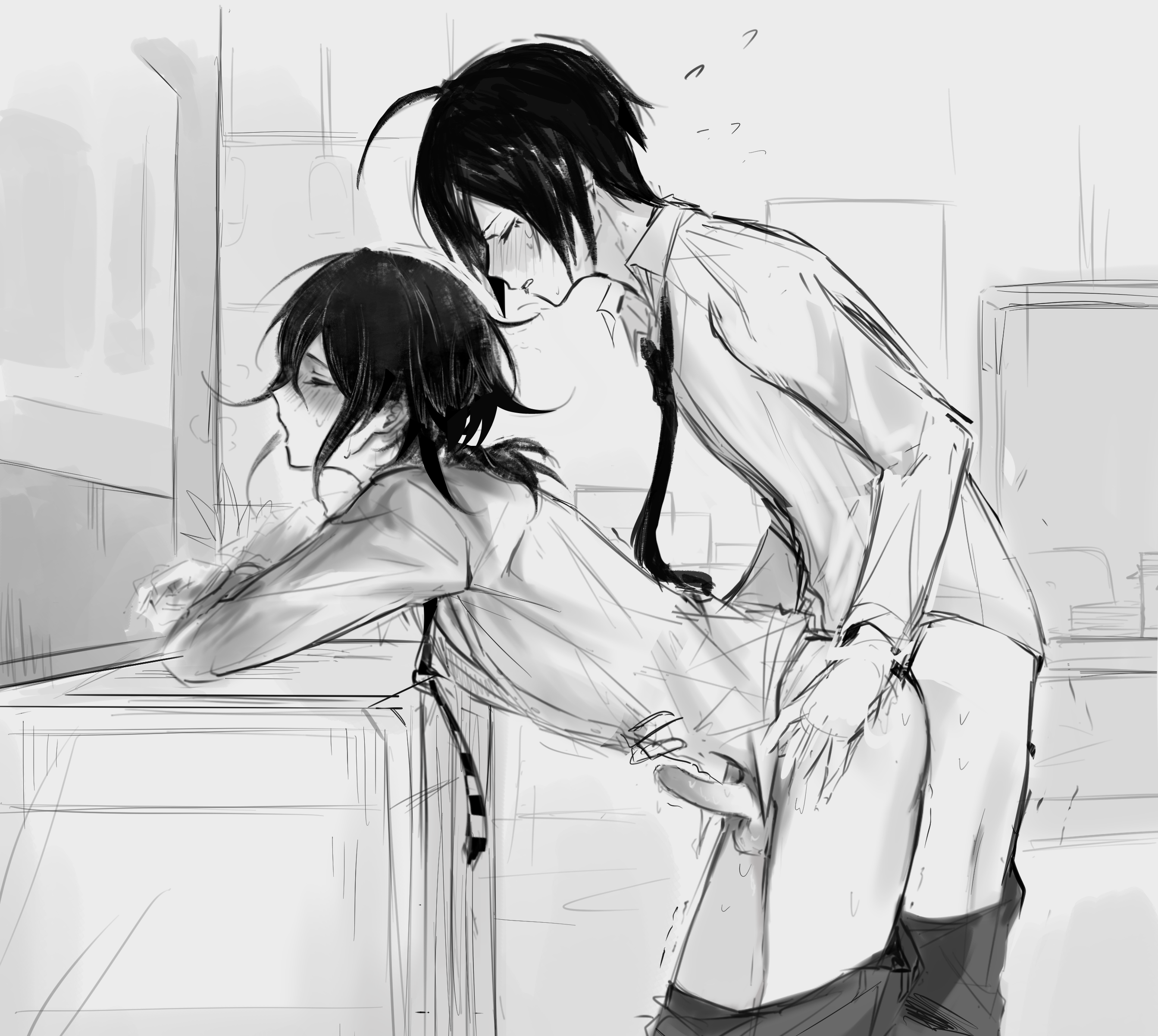 2boys, anal, bent over, blush, closed eyes, clothed, clothed sex, clothing, danganronpa, danganronpa v3, doggy style, erection, gay, greyscale, looking pleasured, male, male only, male/male, monochrome, office, office sex, ouma kokichi, pants down, saihara shuuichi, straight hair, tokkiyn, yaoi