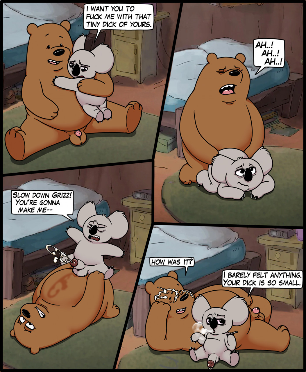 2boys anthro brown_fur cartoon_network closed_eyes comic cum_on_face english_text furry gay grey_fur grizzly_(wbb) grizzly_bear koala neenya nom_nom_(wbb) open_mouth small_penis small_penis_humiliation ursine we_bare_bears yaoi