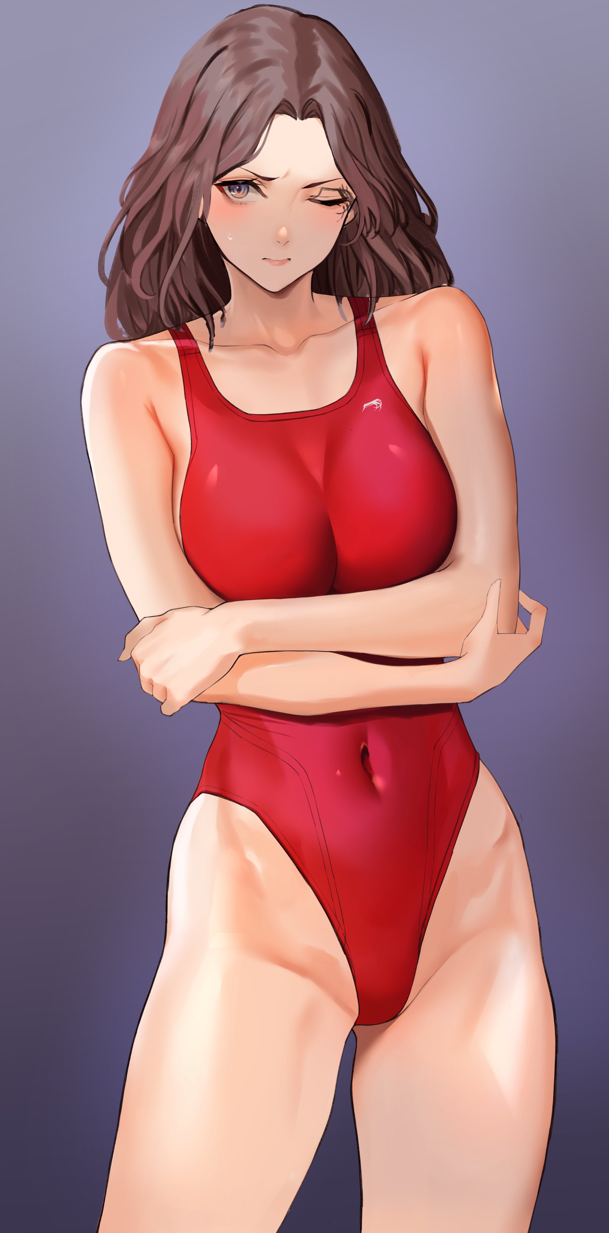 1girls, angry, bare shoulders, belly button, blush, breasts, brown hair, closed eyes, clothed, crossed arms, cute, cute face, elden ring, embarrassed, female, fromsoftware, frustrated, kazumasawatari, long hair, melina (elden ring), one eye closed, one-piece swimsuit, red swimsuit, solo, stomach, sweatdrop, swimsuit