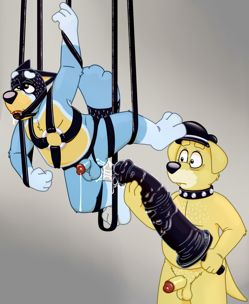 2boys anthro ball_gag bandit_heeler bluey_(series) bondage canine furry huge_dildo hyper_dildo male male_only neenya pat_(bluey) scary small_penis