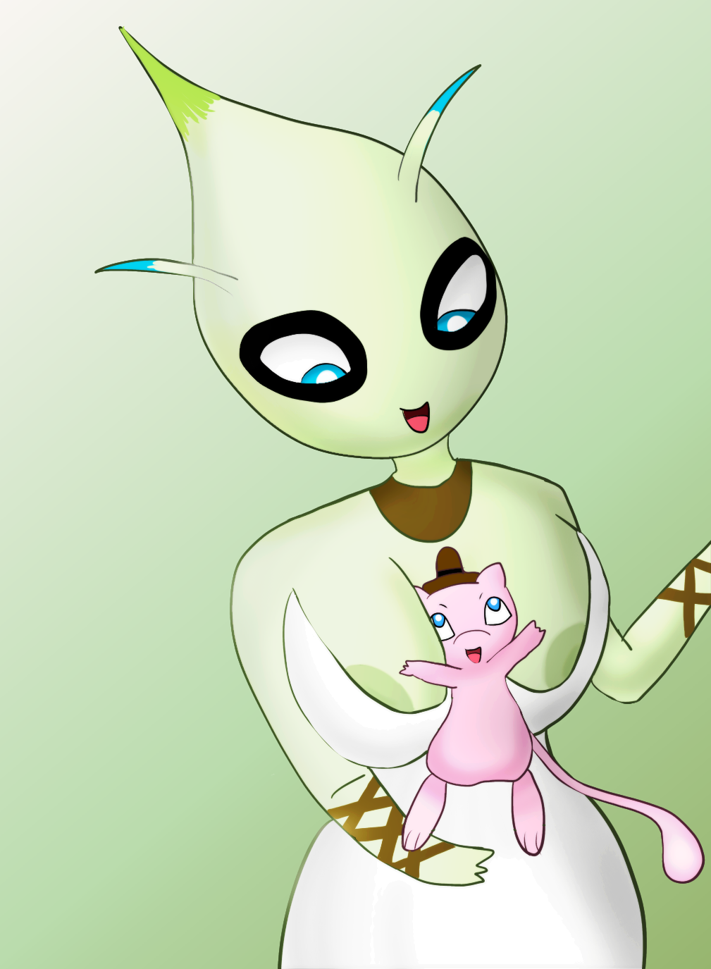 anthro baby big_breasts big_nipples breasts celebi female male mew mythical_pokemon nipples pokemon pokemon_(species) straight_hair