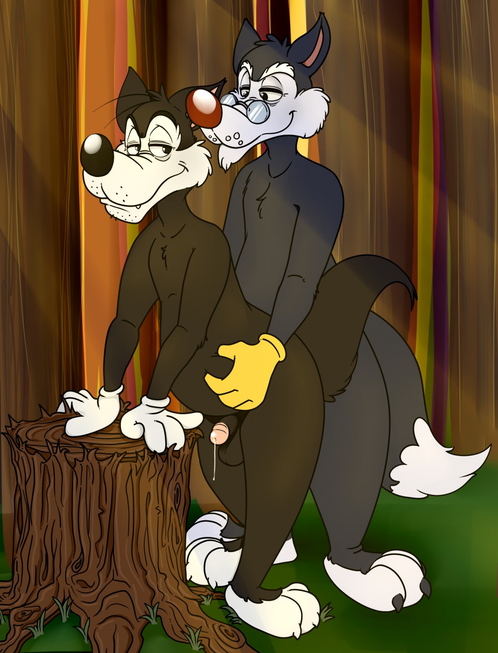 animaniacs anthro black_fur canine disney forest furry gay glasses gloves male_only neenya penis red_nose stump testicles the_three_little_pigs tree_stump walter_wolf warner_brothers white_gloves wolf woods yellow_gloves zeke_wolf