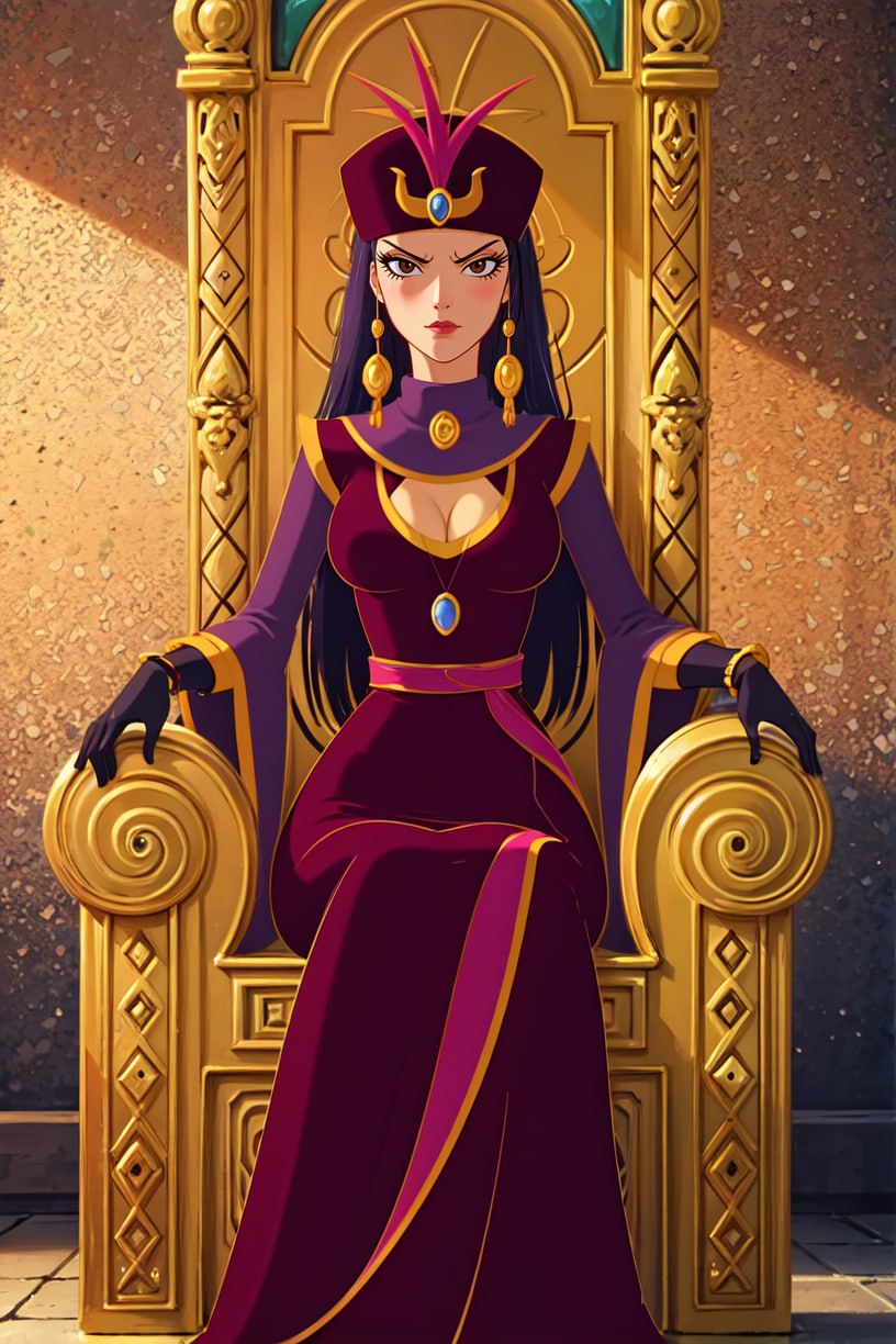 aged_down ai_generated dark_hair large_breasts melnitsa purple_clothing queen red_eyes royalty the_three_bogatyrs throne