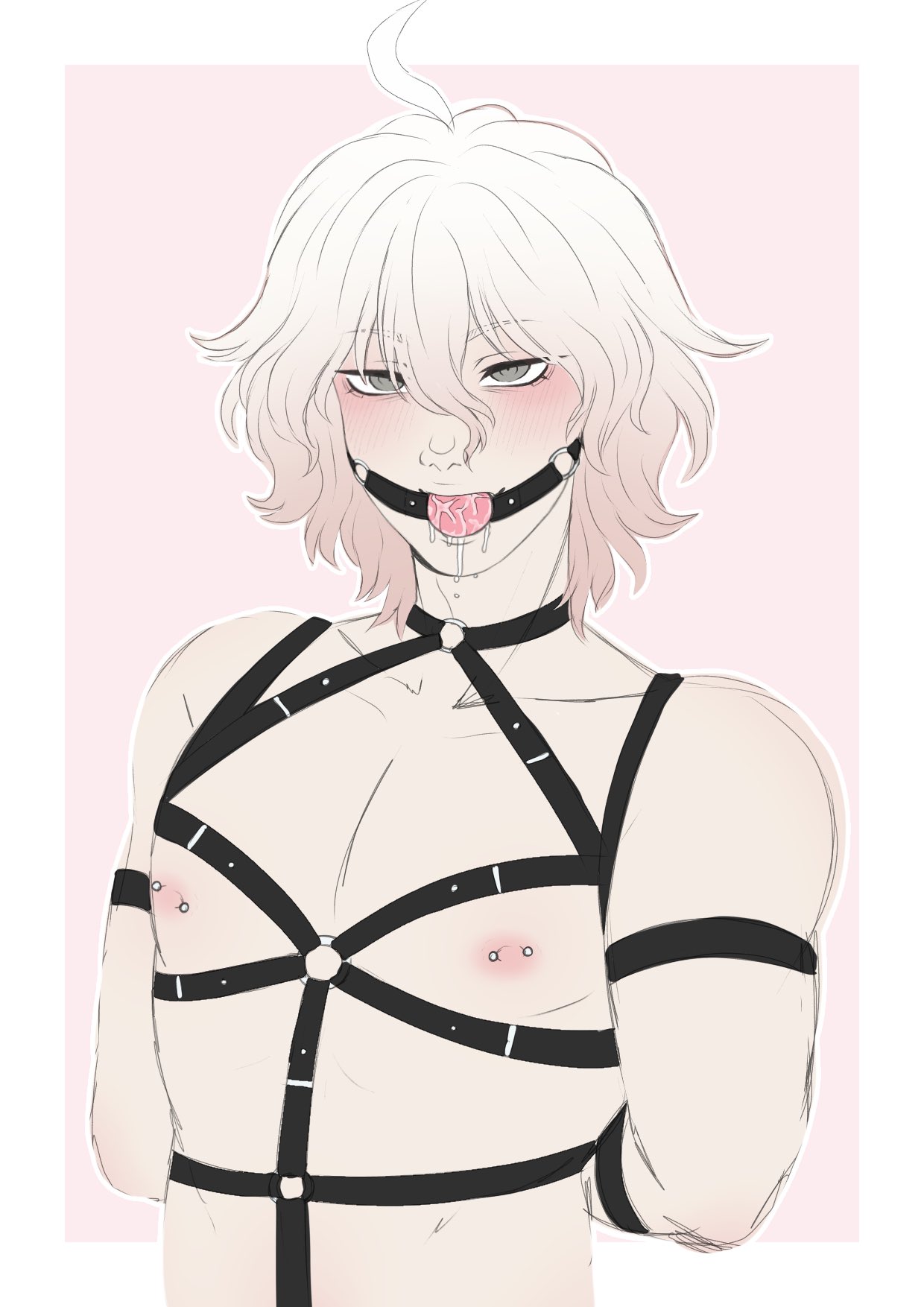 1boy, ball gag, blush, bondage, bound, danganronpa, danganronpa 2: goodbye despair, drooling, femboy, gag, grey eyes, hands behind back, looking at viewer, male, male only, nagito komaeda, nipple piercing, nipples, octentai (artist), pale skin, pierced nipples, piercing, piercings, pink nipples, restrained, solo, straight hair, white hair