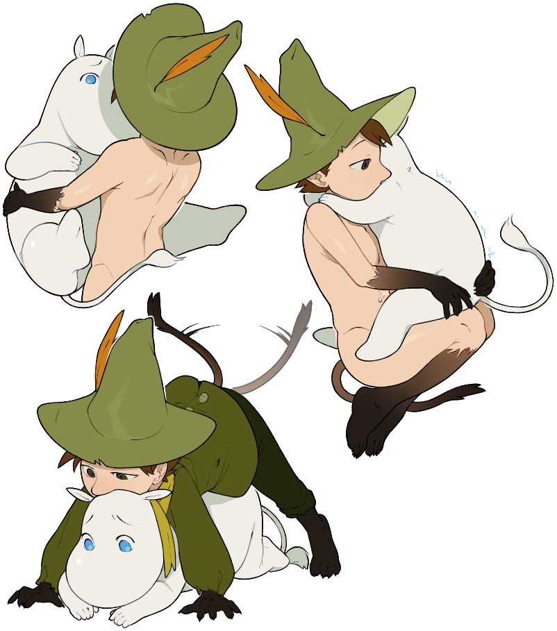 2boys blue_eyes brown_eyes brown_hair claws creature cute from_behind gay hat humanoid implied_anal implied_sex interspecies male male_only moomin moomintroll nude paws sharp_claws sharp_fingernails sitting_on_lap sitting_on_person snufkin tail the_moomins white_body yaoi yggrys