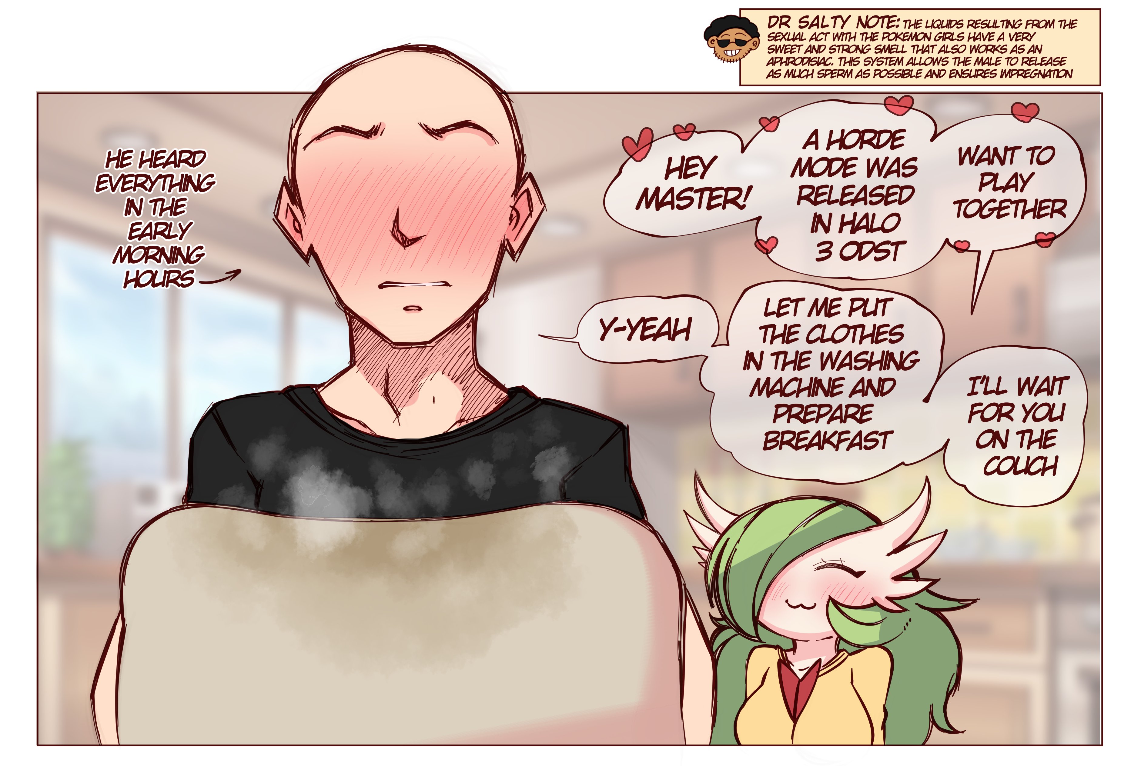 :3, 1girls, 2boys, after masturbation, anon, anonymous male, aphrodisiac, bald, big breasts, blurry background, blush, blushing, breasts, cum on sheets, cute, dark skin, english text, eyeless male, female, female pokemon, gardevoir, green hair, happy, heavy blush, light skin, long hair, male, mega gardevoir, musk, pokémon (species), pokemon, pokemon (species), saltyxodium, scent, smile, smiling, speech bubble, text, text box, text bubble