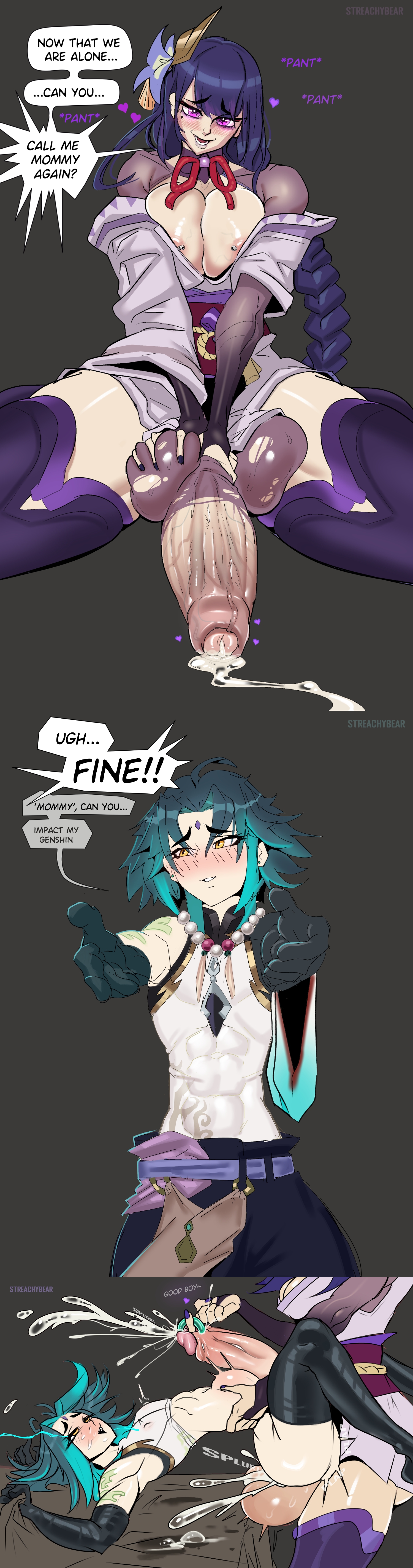 1boy, 1futa, anal, areolae, balls, balls fondling, beauty mark, big balls, big breasts, big penis, bottomless, breasts, clothed, clothing, cum, cum while penetrated, dialogue, duo, ejaculation, elbow gloves, english text, erection, femboy, futa is bigger, futa on male, futanari, genshin impact, gloves, hands-free, handsfree ejaculation, huge balls, huge cock, human, hung trap, instant loss 2koma, intersex, large breasts, large penis, light skin, light-skinned futa, light-skinned male, male, male focus, masturbation, meme, mommy kink, mostly clothed, nipples, orgasm, partially clothed, penis, penis size difference, raiden shogun, sex, streachybear, text, thighhighs, xiao (genshin impact)