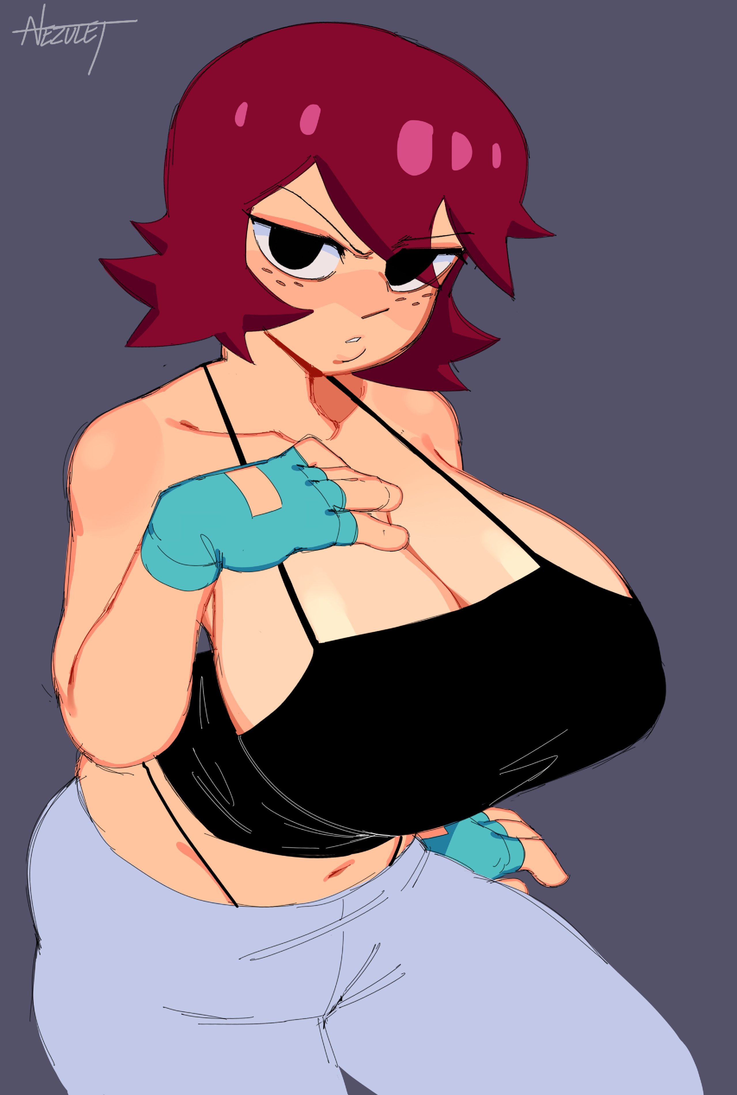 1girls, absurd res, black eyes, breasts, cleavage, female, female only, fingerless gloves, freckles, gloves, hi res, kim pine, large breasts, nezulet, red hair, scott pilgrim, solo