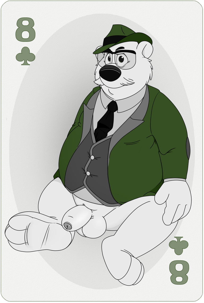 alfred_j._kwak_(series) animal_genitalia bear bottomless fedora furry glasses male partially_colored playing_card solo suit uncut ursine