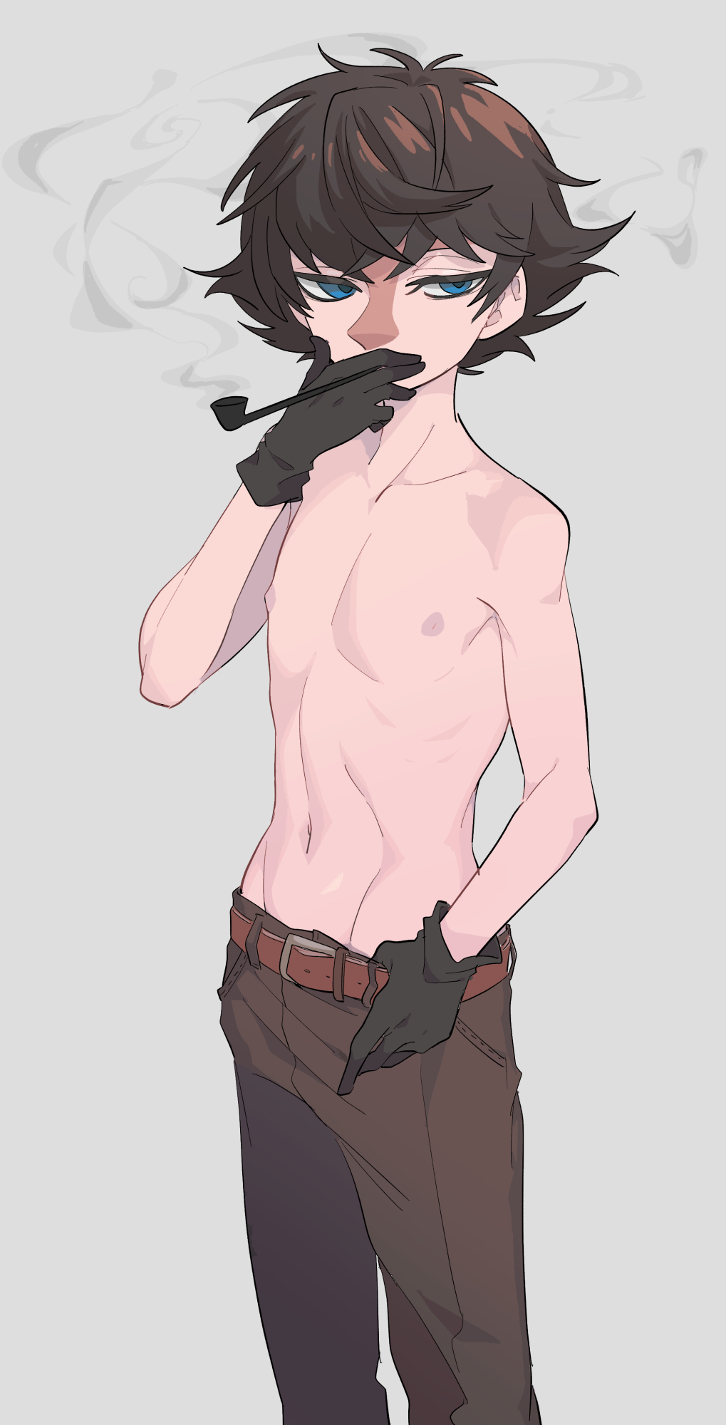 black_gloves blue_eyes brown_hair dark_hair dilf gloves male male_only nose_blush osasimiyabai pipe skinny smoking smoking_pipe solo the_joxter the_moomins topless topless_male twink