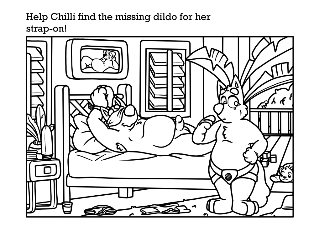 anthro bandit_(bluey) bandit_heeler bed blindfolded bluey_(series) bondage chilli_(bluey) coloring_page dildo english_text furry line_art monochrome neenya nude strap-on