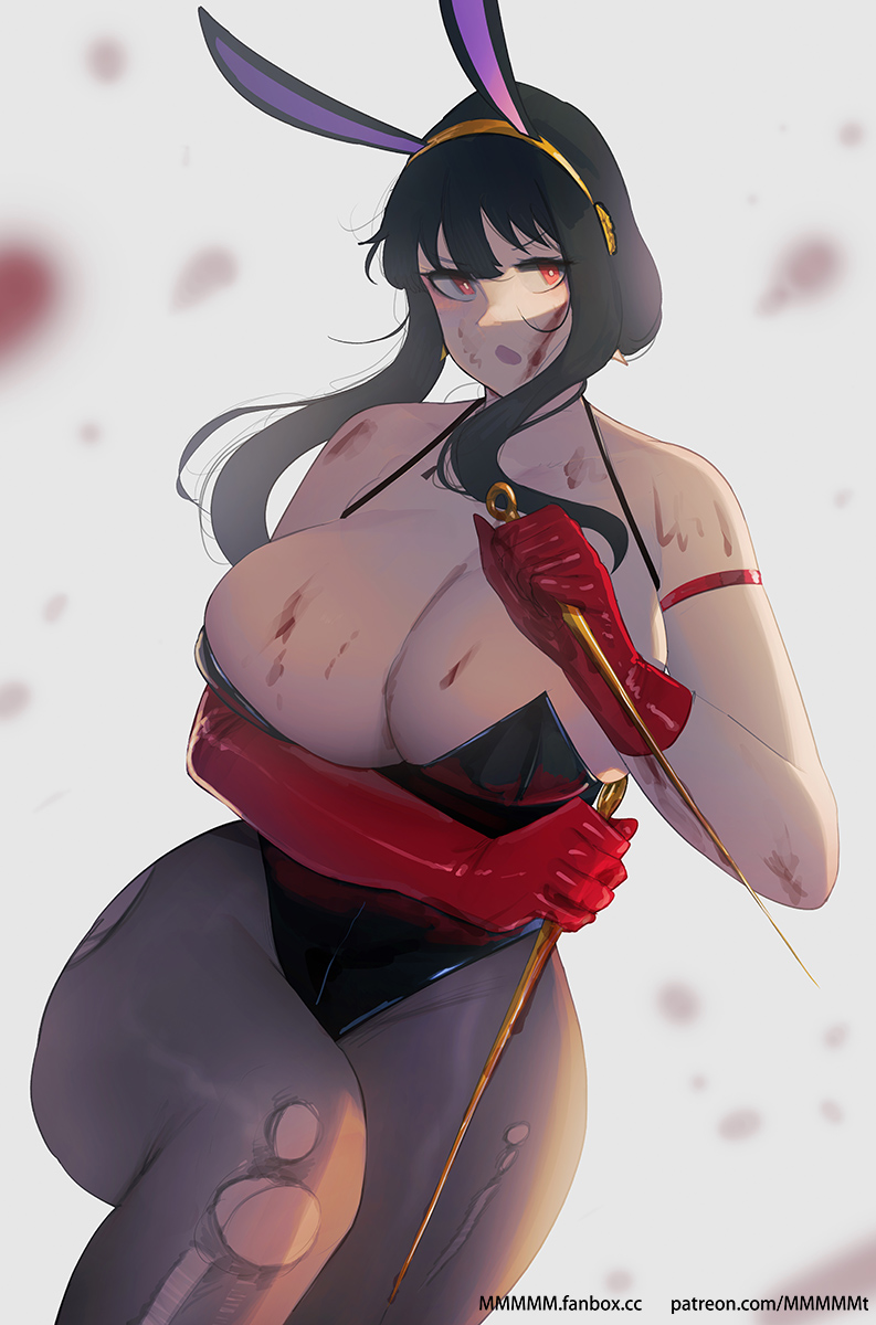 1girls, assassin, big breasts, black hair, blood, breasts, bunny ears, bunnysuit, cleavage, curvy, female, female only, gloves, large breasts, leotard, milf, mmmmmkun, pantyhose, red eyes, solo, solo female, spy x family, stiletto (weapon), thick, thick thighs, thorn princess, torn pantyhose, voluptuous, weapon, wide hips, yor briar