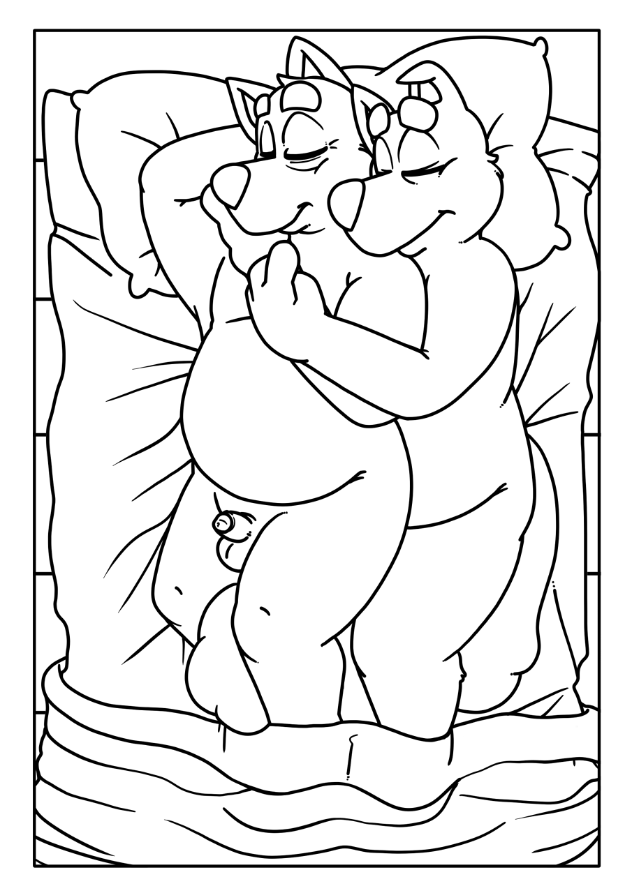 2boys anthro bandit_heeler bed bluey_(series) canine coloring_page furry gay monochrome neenya small_penis stripe_(bluey)