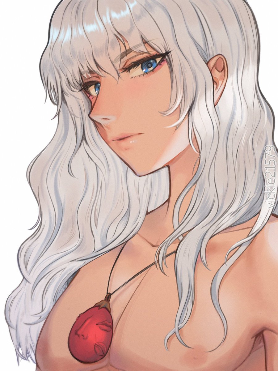 1boy, androgynous, berserk, bishonen, blue eyes, feminine male, griffith, long hair, long-haired male, looking at viewer, male, male only, necklace, nude, silver hair, solo, topless, upper body, vickie, white hair
