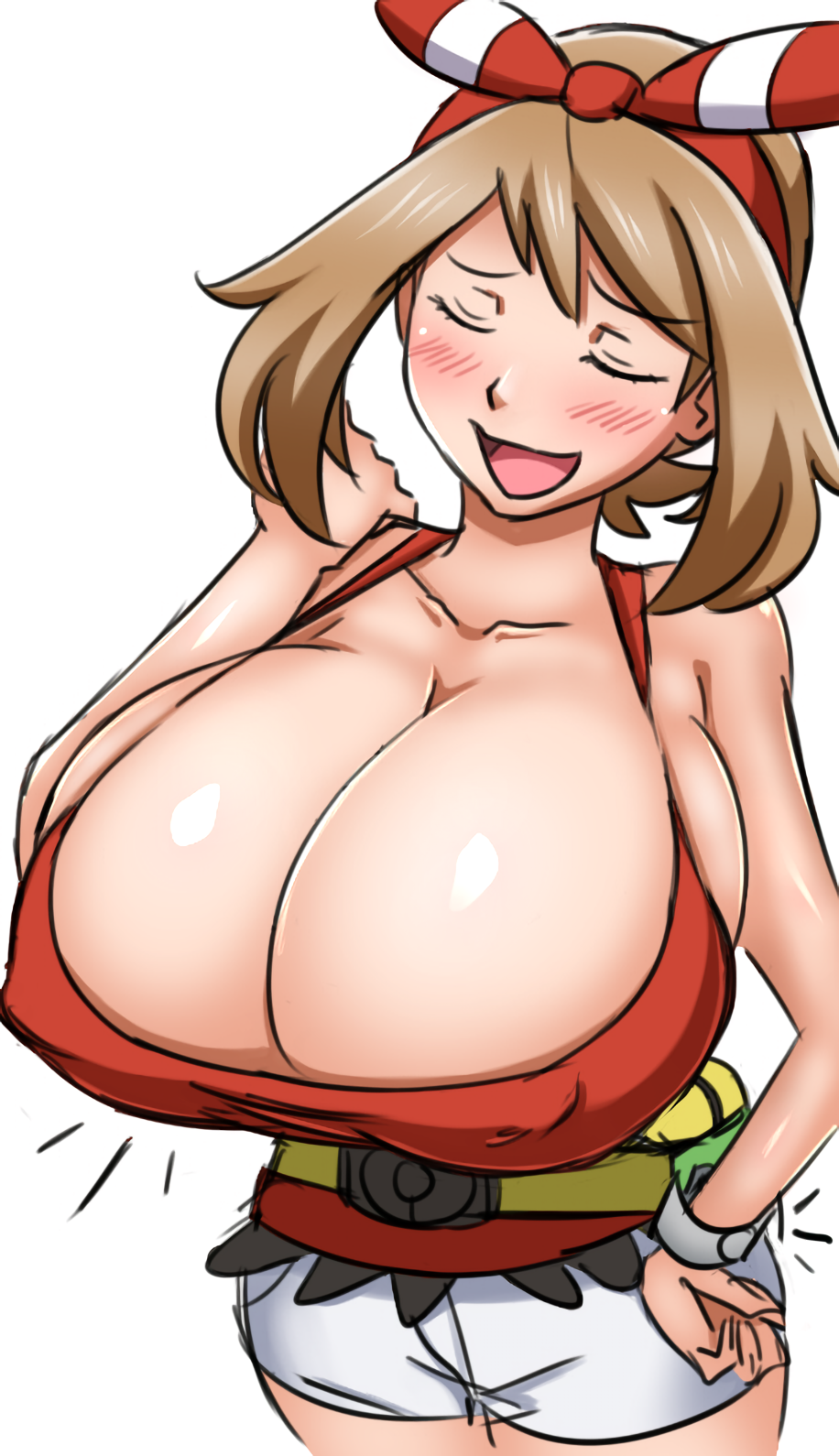 alternate_breast_size asortofcolorfag bandana big_breasts blush breast_expansion breasts breasts_bigger_than_head brown_hair bursting_breasts cleavage closed_eyes colorized covered_erect_nipples creatures_(company) edit erect_nipples erect_nipples_under_clothes female game_freak hand_on_hip highres huge_breasts human human_only matsu-sensei may_(pokemon) may_(pokemon_oras) mega_milk nintendo nipple_bulge no_bra pokemon pokemon_(game) pokemon_oras shorts solo top_heavy watch wristwatch