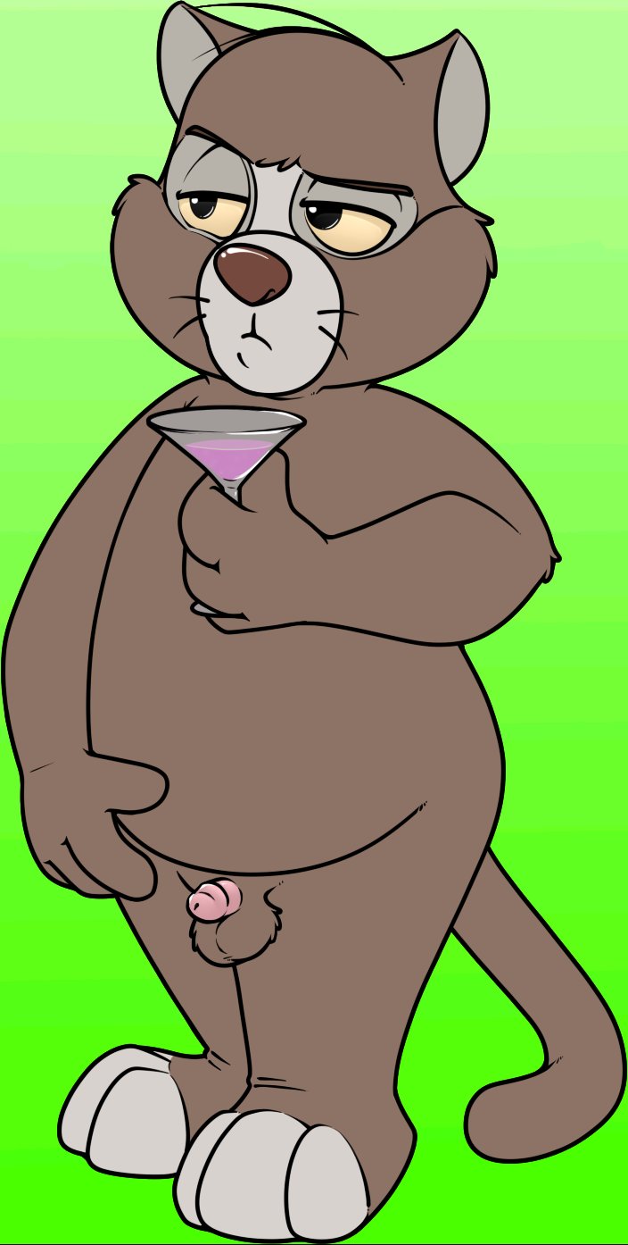 alcohol anthro brown_fur disney douglas_benson feline furry green_background male male_only martini_glass neenya penis small_penis solo tail talespin testicles whiskers