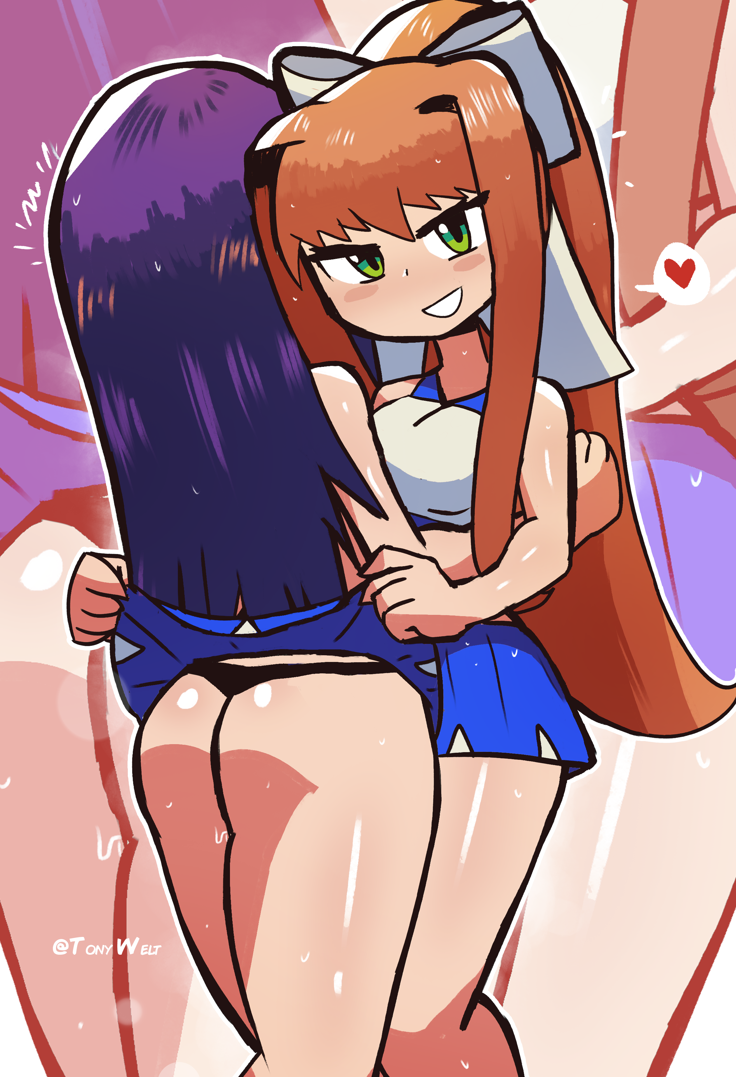 2girls, ass, blush, breasts, cheerleader, cheerleader uniform, doki doki literature club, eye contact, female, female only, green eyes, hair ribbon, long hair, looking at viewer, miniskirt, monika (doki doki literature club), ponytail, purple hair, skirt, skirt lift, spoken heart, standing, thick thighs, thighs, thong, tony welt, yuri (doki doki literature club)
