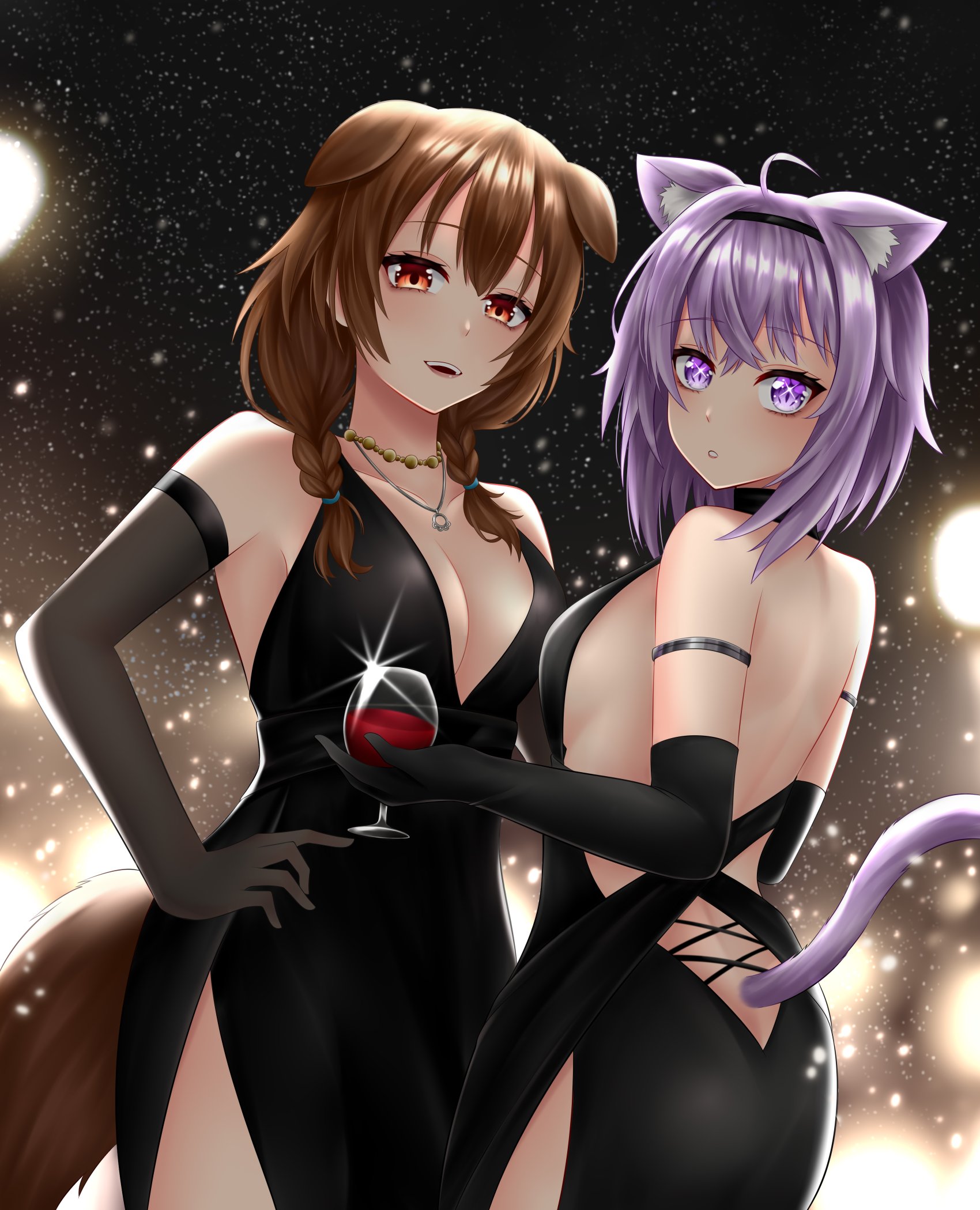 2d, 2d (artwork), 2girls, animal ears, animal tail, bare back, breasts, brown eyes, brown hair, cat ears, cat girl, cat tail, catgirl, cleavage, cleavage cutout, dog ears, dog girl, dog tail, dress, female, female focus, female only, fluffy ears, gloves, hand on hip, hi res, hololive, hololive gamers, hololive japan, inugami korone, long gloves, looking at viewer, medium breasts, necklace, nekomata okayu, popcornflakes, purple eyes, purple hair, sideboob, tail, virtual youtuber, wine glass