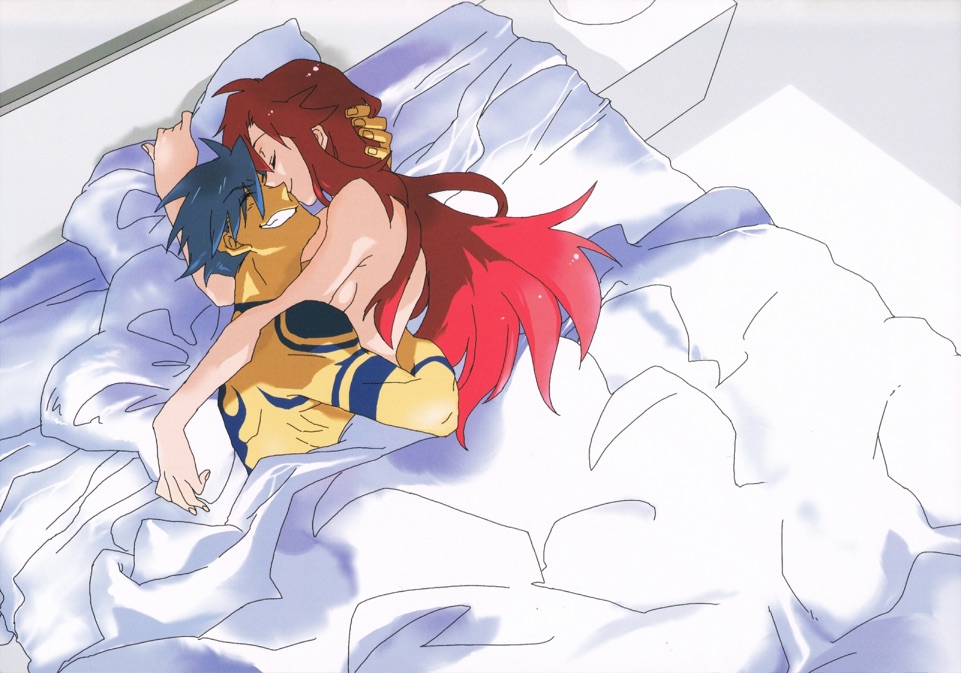 1boy 1girls blue_hair breasts closed_eyes couple cuddling embrace female grin hand_on_another's_head hug in_bed kamina long_hair male nude on_bed on_side red_hair smile tan_skin tattoos tengen_toppa_gurren_lagann topless wholesome yoko_littner