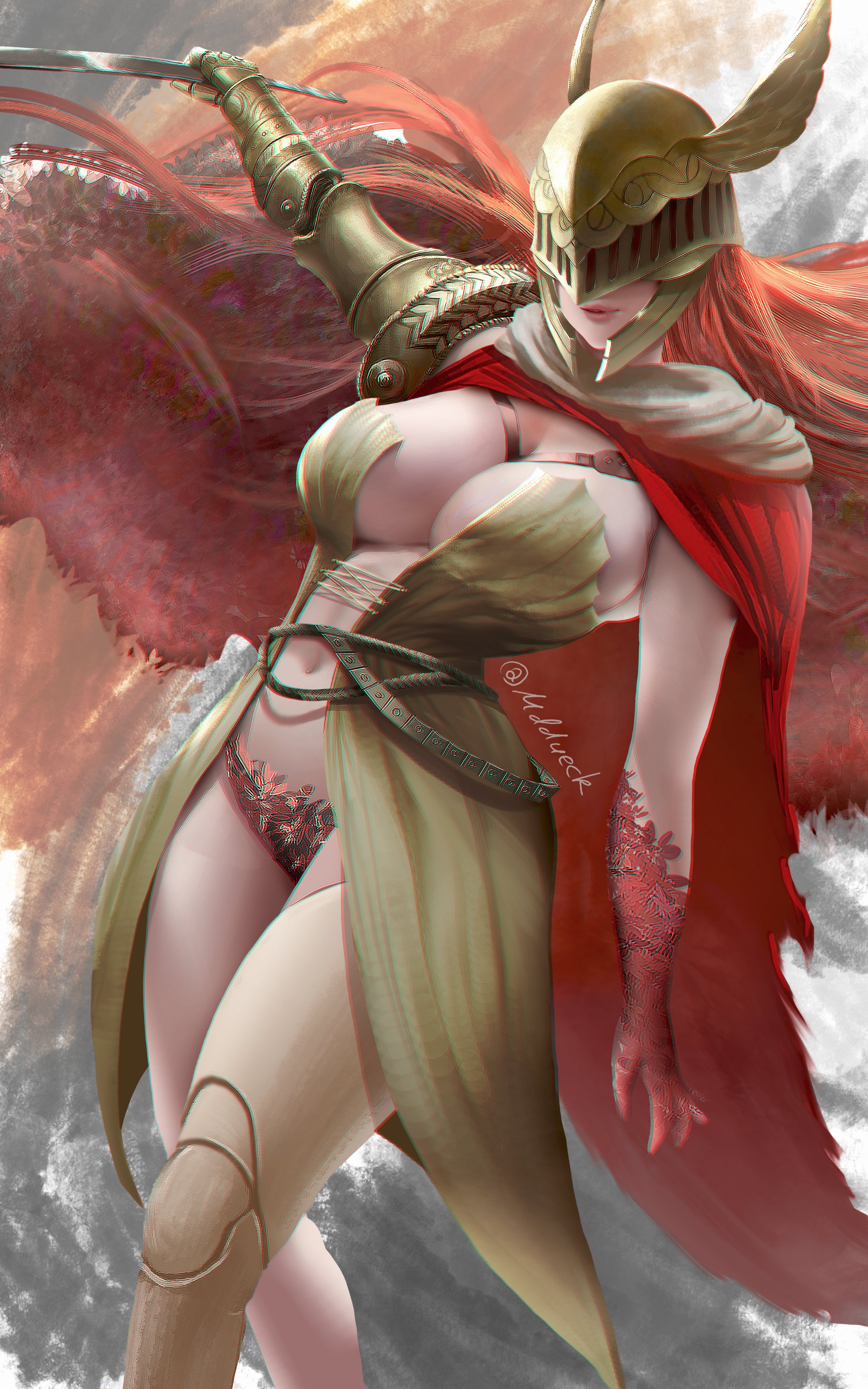 big breasts, breasts, cape, clenched teeth, elden ring, eyes covered, female, female only, fromsoftware, helmet, helmet removed, long hair, malenia blade of miquella, mddueck, prosthetic arm, red hair, solo, solo female, wide hips, wings