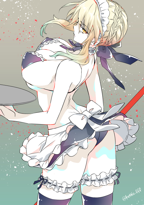 alternate_costume apron artoria_pendragon_(alter_swimsuit_rider)_(fate) artoria_pendragon_(alter_swimsuit_rider)_(fate)_(cosplay) artoria_pendragon_(alter_swimsuit_rider)_(second_ascension)_(fate) artoria_pendragon_(fate) artoria_pendragon_(lancer_alter) artoria_pendragon_(lancer_alter)_(fate) ass bangs bare_shoulders bikini blonde_hair breasts brown_hair cosplay fate/grand_order fate_(series) female large_breasts maid maid_apron maid_bikini maid_headdress simple_background solo standing swimsuit thighhighs yakan_(kusogaki_teikoku) yellow_eyes