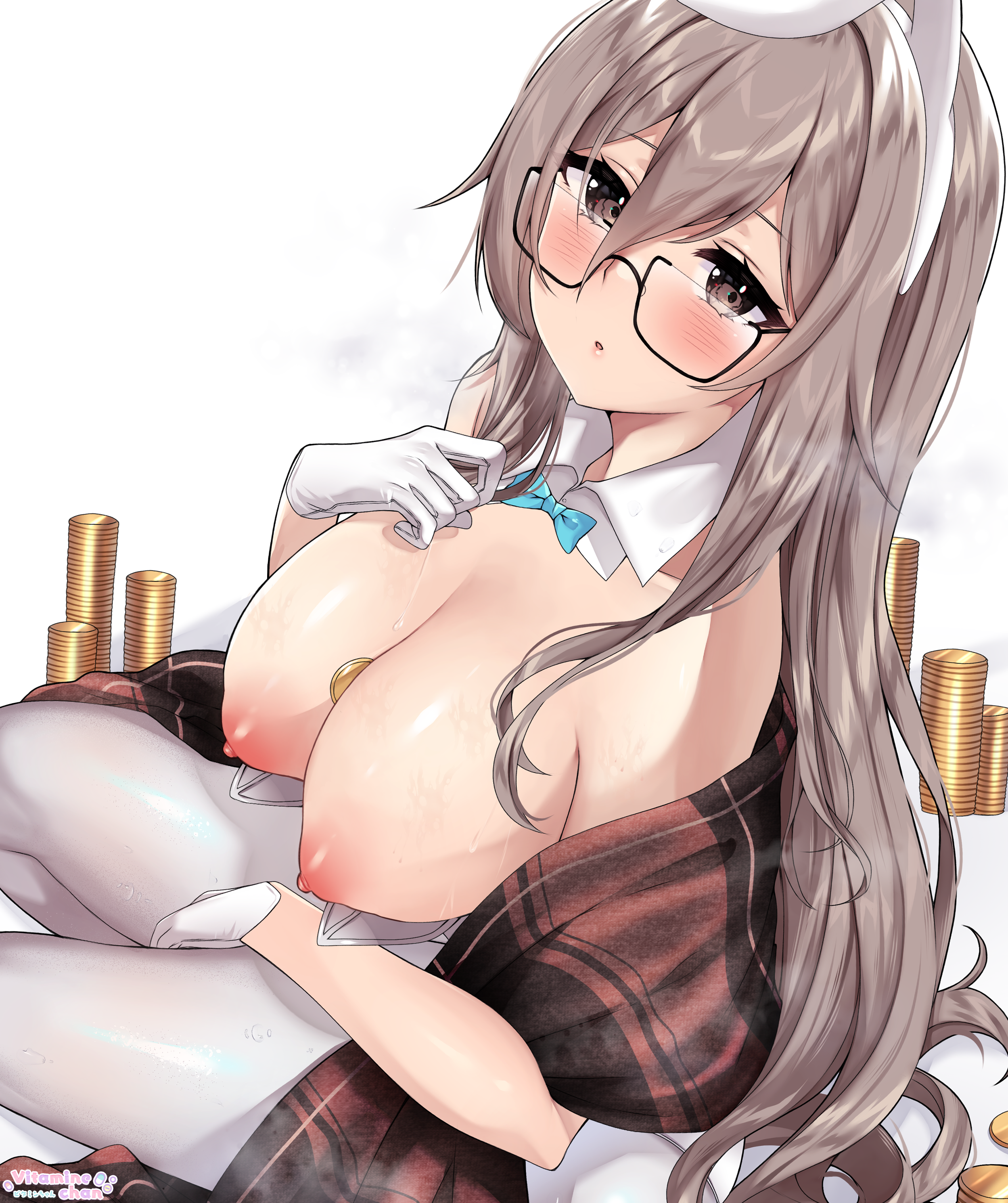 absurdres, akane (blue archive), akane (bunny) (blue archive), blue archive, bow, bowtie, breasts, brown eyes, brown hair, cleaning & clearing (blue archive), coin, detached collar, female, glasses, gloves, hair between eyes, highres, leotard, long hair, millennium science school student, nipples, object on breast, pantyhose, playboy bunny, pointy breasts, solo, submissive pose, vitaminechan, white gloves, white legwear