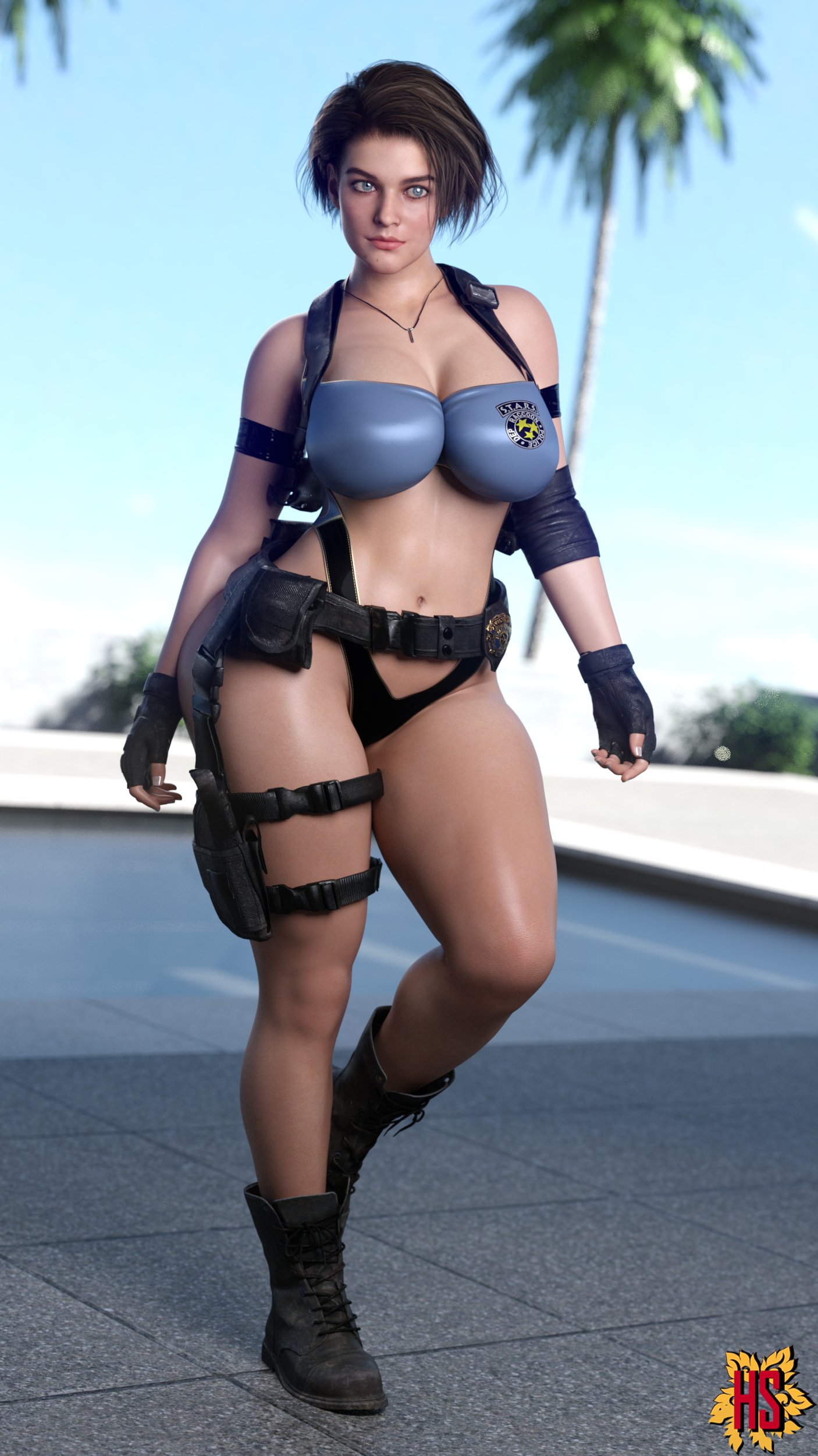 1girls, 3d, abs, badge, big breasts, boots, breasts, capcom, female, female only, firearm, footwear, gloves, hagiwara studio, handgun, handwear, human, jill valentine, jill valentine (sasha zotova), large breasts, neckwear, panties, resident evil, resident evil 3, resident evil 3 remake, s.t.a.r.s, solo, tactical gear, tagme, thick thighs, weapon, wide hips