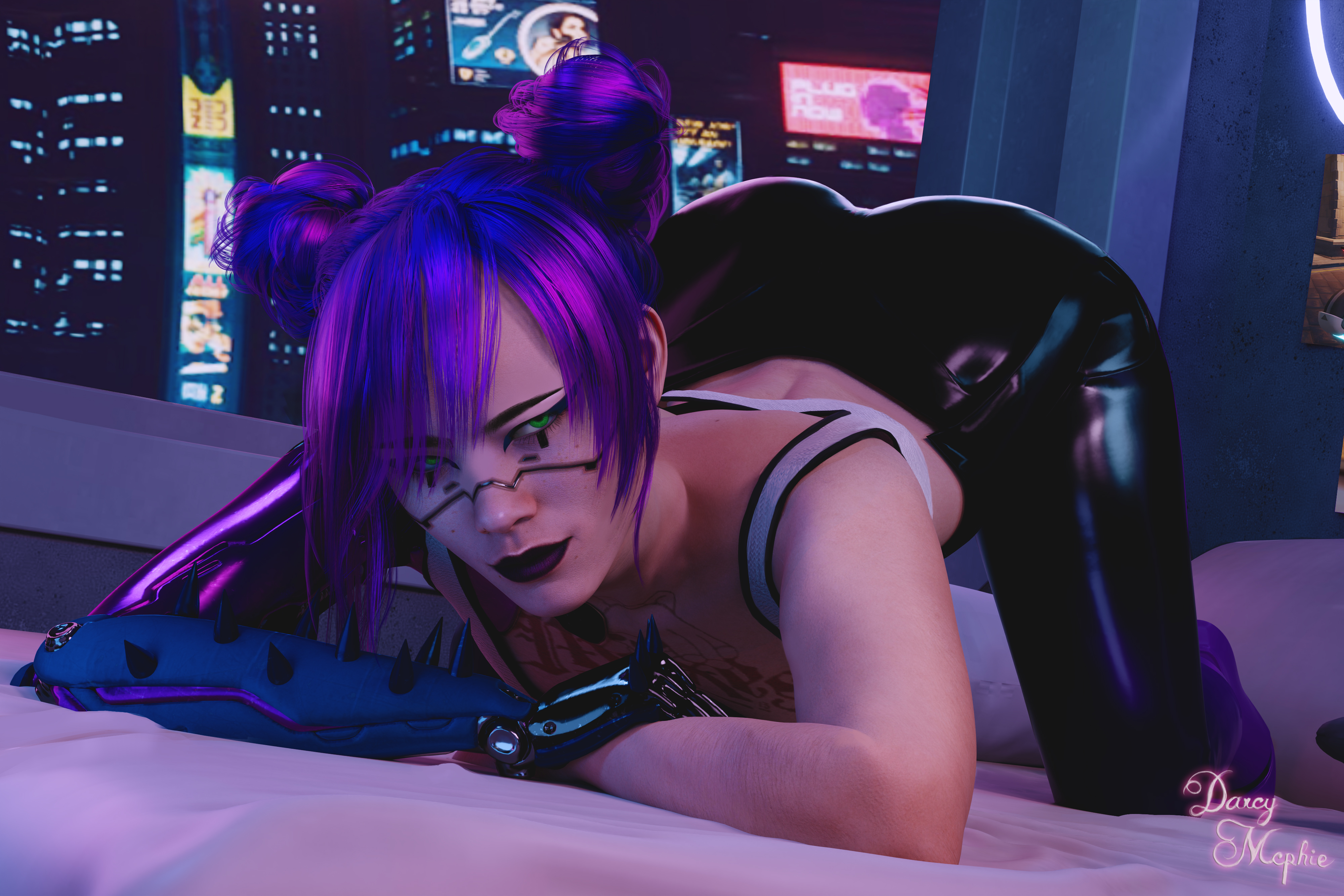 1girls, 3d, 3d (artwork), absurd res, all fours, ass, ass up, cd projekt red, clothed, clothed female, cybernetic arm, cybernetics, cyberpunk 2077, darcy mcphie, doggy style, female, female focus, female only, front view, green eyes, hair bun, kneeling, leather pants, light skin, light-skinned female, lipstick, looking at viewer, medium hair, multicolored hair, pants, prosthetic arm, purple hair, purple lipstick, rita wheeler, short hair, solo, solo female, solo focus, tank top, tattoo, tied hair