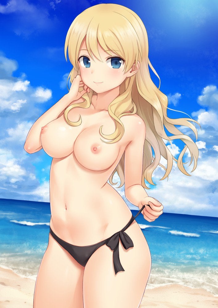 10s absurdres beach bikini black_bikini blonde_hair blue blue_eyes breasts cleavage closed_mouth cloud cloudy_sky collarbone cowboy_shot darjeeling day dutch_angle female girls_und_panzer groin hair_down hair_over_shoulder hand_up highres horizon long_hair looking_at_viewer medium_breasts n.g. navel nipples ocean outdoors side-tie_bikini sky smile solo swimsuit thighs topfreedom topless