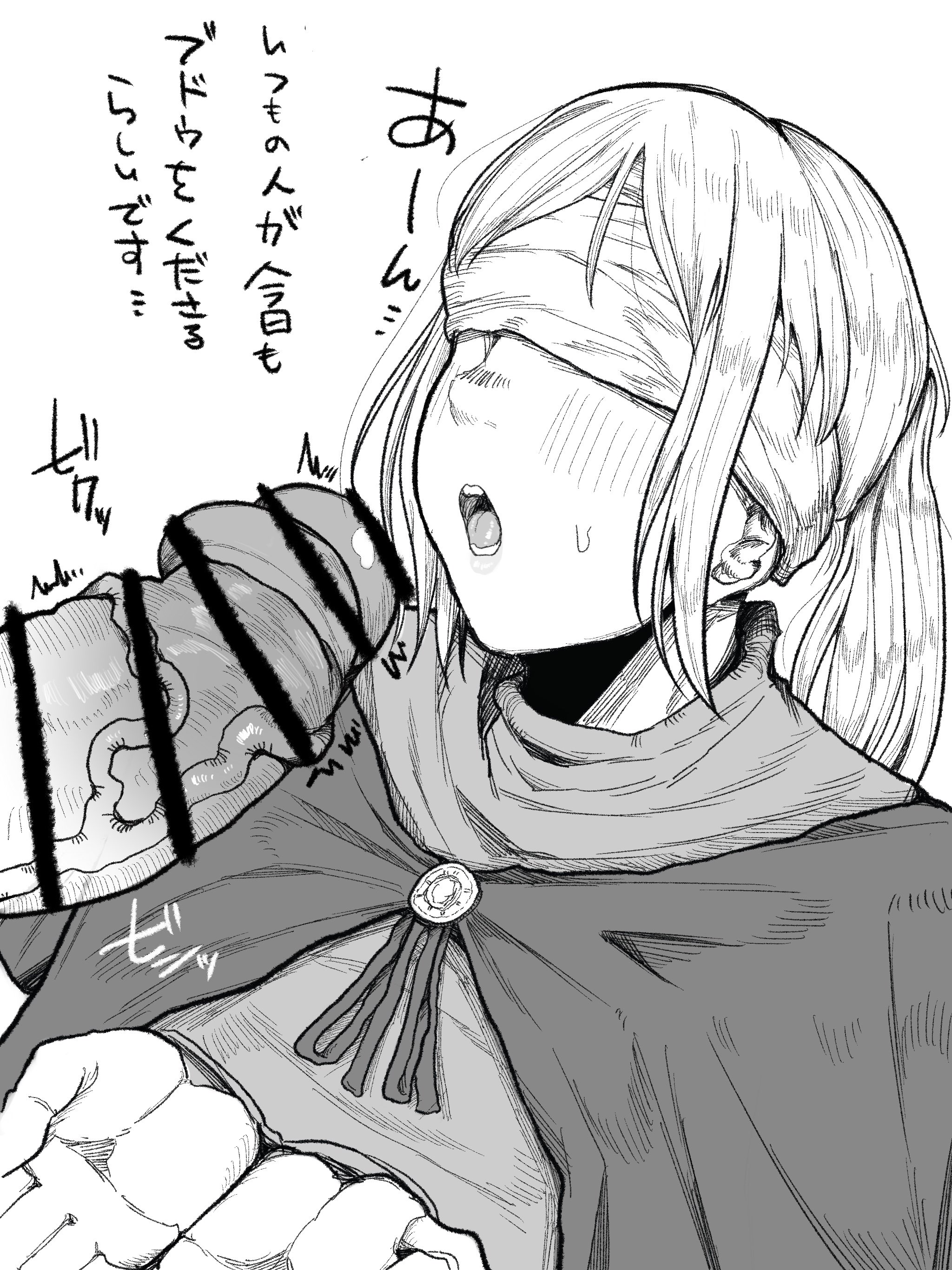 1boy, 1girls, bar censor, blind, blindfold, blush, censored, elden ring, erection, faceless male, female, female focus, fromsoftware, geromazuunkoman, hyetta (elden ring), japanese text, male, monochrome, open mouth, penis, ponytail, sweatdrop, veiny penis