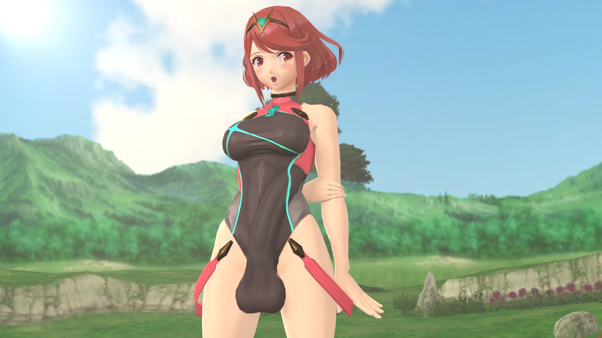 1futa, 3d, balls, big balls, big penis, breasts, bulge, clothing, futa only, futanari, huge cock, intersex, light skin, light-skinned futa, penis, penis under clothes, pyra (xenoblade), red eyes, red hair, solo, solo futa, standing, theboobedone, xenoblade (series), xenoblade chronicles 2
