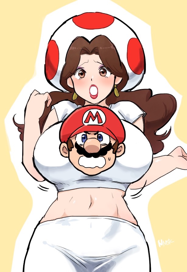 1boy 1girls 2017 :o alternate_breast_size artist_name aura bare_arms blue_eyes bouncing_breasts breasts brown_hair cap clothing earrings eyeshadow female female_focus hat jewelry large_breasts lips lipstick long_hair looking_at_viewer makeup male mario mario_(series) mario_vs._donkey_kong midriff moustache navel nintendo nm_qi open_mouth orange_background parody pauline pencil_skirt purple_eyeshadow red_lipstick shirt short_hair signature simple_background skirt standing tight_clothing toad_(mario)_(cosplay) w_arms wavy_mouth white_shirt white_skirt