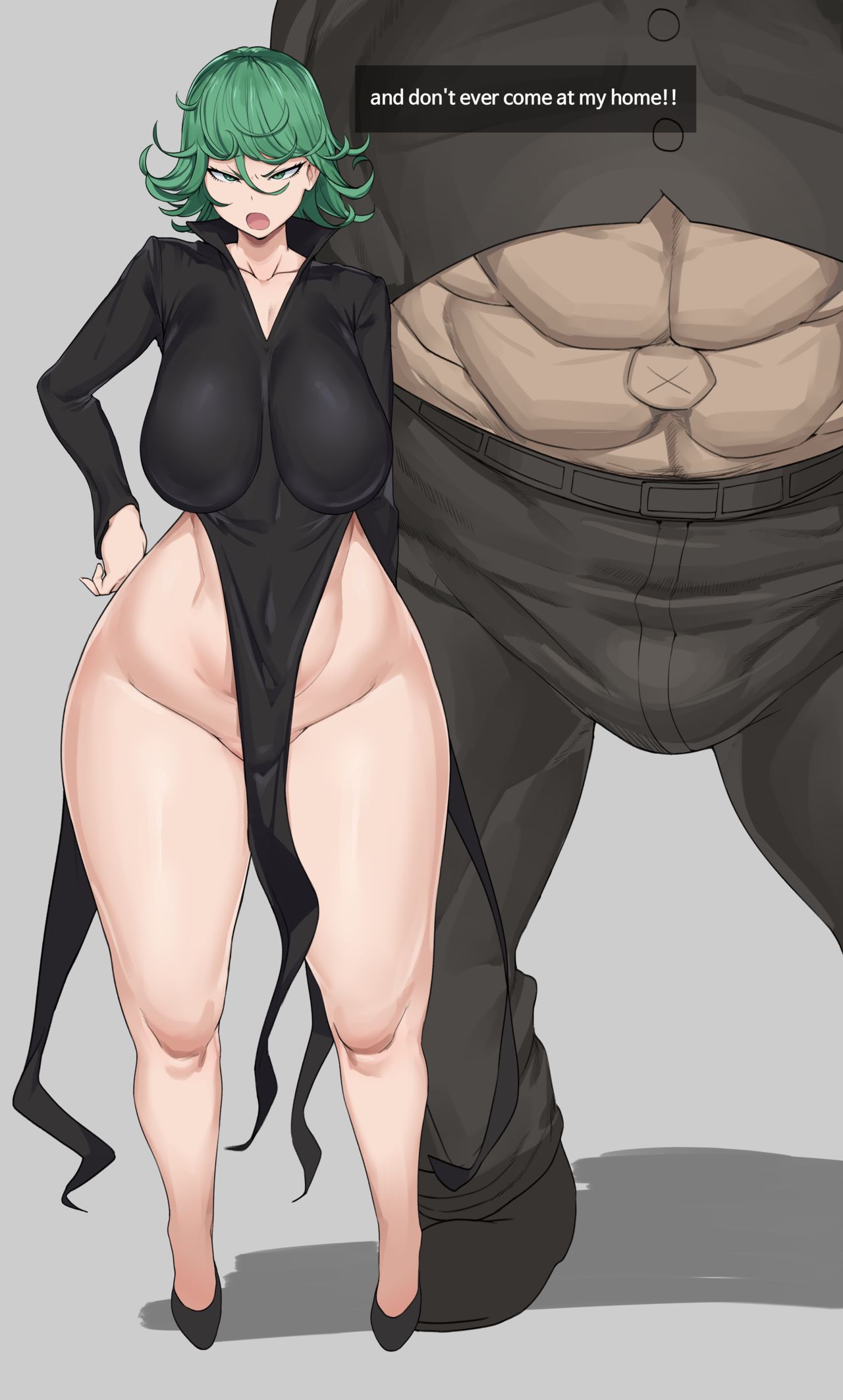 1boy, 1girls, alternate breast size, big breasts, breasts, cham22, cleavage, curvaceous, curvy, curvy body, curvy female, curvy figure, curvy hips, english text, fat male, female, fuhrer ugly, green hair, huge breasts, large breasts, larger male, male, one-punch man, slim waist, tatsumaki, text, thick thighs, thighs, ugly bastard, voluptuous, wide hips