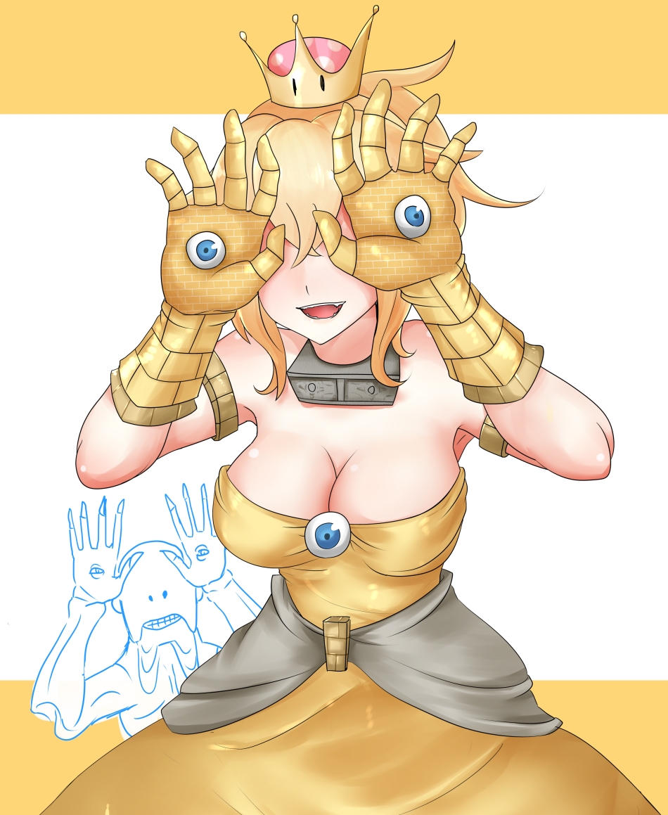 1boy 1girls 2018 armlet armpits bare_shoulders blonde_hair blue_eyes breasts cleavage clothed clothing collar covering_face crown dress eyeball eyerok eyes_in_palm fangs female female_focus genderswap_(mtf) gloves grin highres jewelry large_breasts male mario_(series) monster new_super_mario_bros._u_deluxe nintendo no_eyes pale_man pan's_labyrinth parody ponytail rule_63 shaded_face short_ponytail simple_background smile sugamo_(rainysnowy108) super_crown super_mario_64 teeth tied_hair tongue two_tone_background white_background yellow_background yellow_dress yellow_gloves yellow_theme