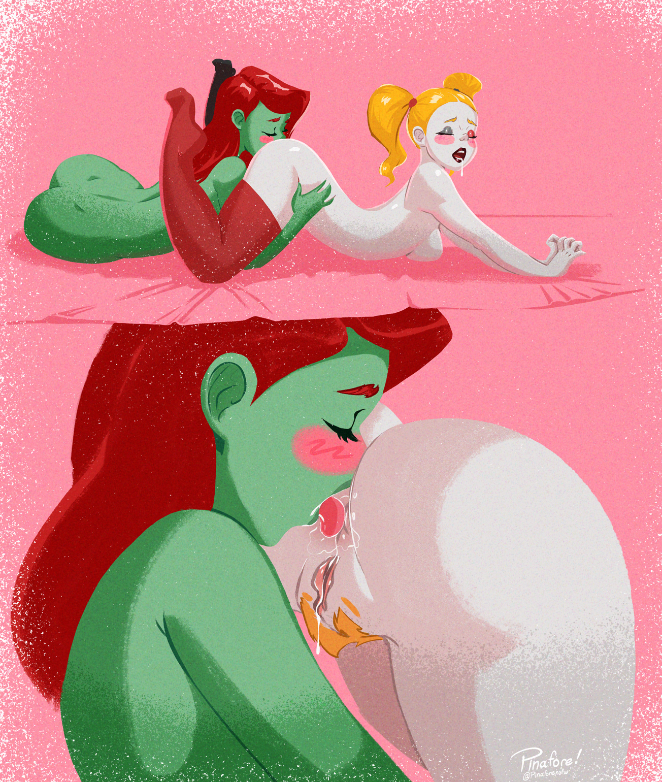 2d, 2girls, anal, analingus, anilingus, ass, ass up, background, batman (series), batman: the animated series, blonde hair, blush, canon couple, closed eyes, dc, dc comics, dcau, drooling, duo, female, female only, green skin, green-skinned female, harley quinn, harley quinn (series), holding, human, light skin, light-skinned female, long hair, lying, multiple females, multiple girls, nude, nude female, open mouth, oral, oral sex, pale skin, pale-skinned female, pamela isley, partially clothed, pigtails, pinafore (artist), pink background, poison ivy, poison ivy (dcau), pubic hair, pussy, pussy juice, red clothing, red hair, red legwear, rimming, saliva, shiny hair, shiny skin, side view, signature, simple background, socks, stockings, sweat, the new batman adventures, thighhighs, tied hair, tongue, tongue out, white body, yuri