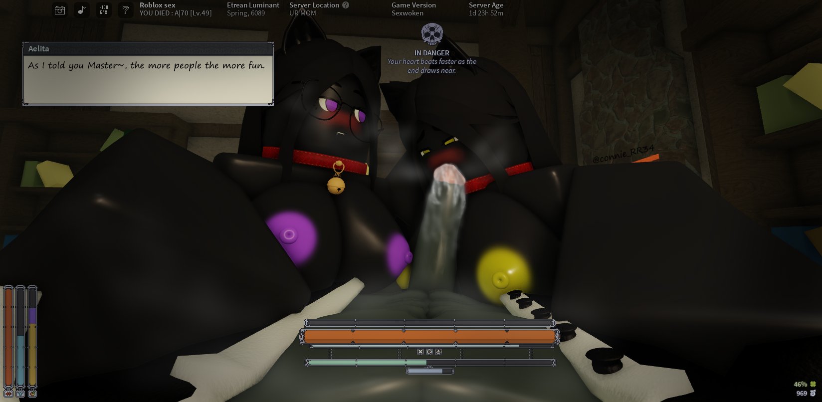 1boy, 2girls, 3d, aelita (deepwoken), areolae, blowjob, blush, breasts, clone, cock, collar, connie rr34, cum, deepwoken, dialogue, english text, felinor (deepwoken), female, game ui, glasses, male, nipples, penis, pov, roblox, roblox game, robloxian, tagme, text, text box, twitter username, visionshaper (deepwoken)