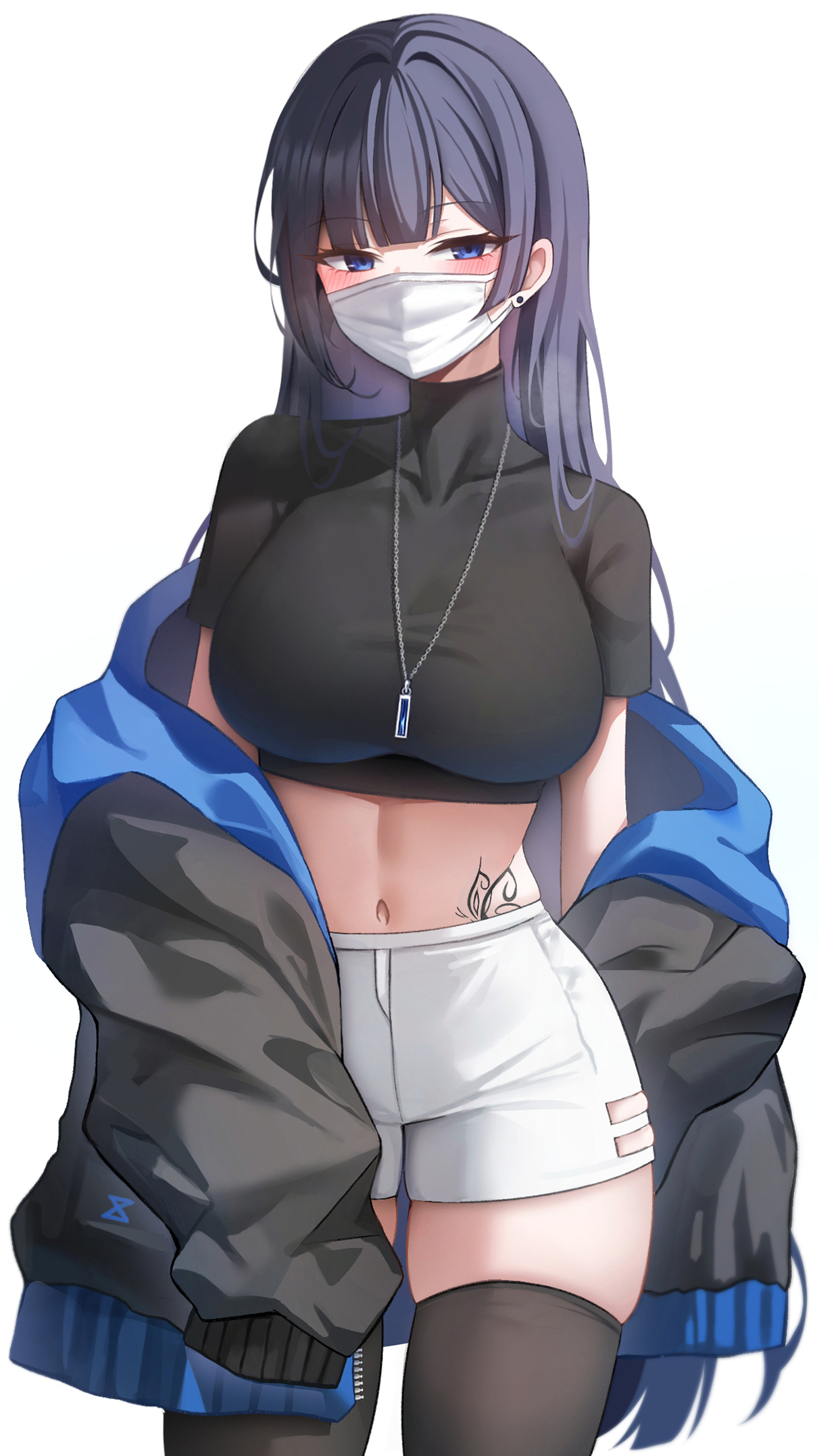 1girls, big breasts, biya, blue eyes, blush, breasts, coat, crop top, face mask, facemask, female, looking at viewer, mask, midriff, original character, pendant, purple hair, shorts, skin tight, skindentation, solo, solo female, stockings, tattoo, thick thighs, thighhighs, undressing, white background, white shorts, yuna (biya)