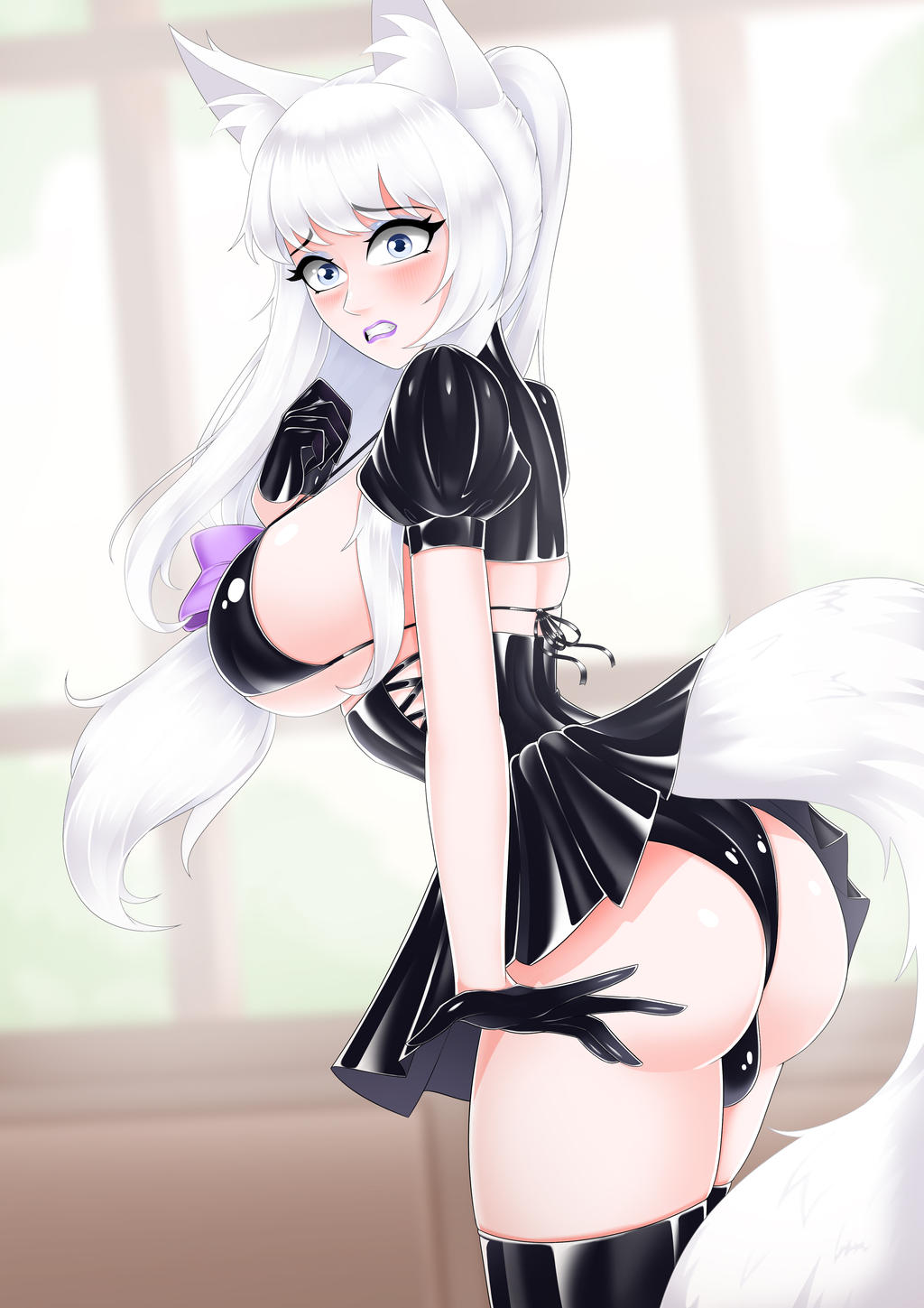 1futa 2022 animal_ears big_breasts blush bulge bulge_through_clothing copyright_request corset cosplay doll flustered fox_ears fox_tail futa_only futanari jesscatg large_breasts latex latex_clothing latex_gloves latex_thighhighs long_hair looking_at_viewer maid_uniform panty_bulge purple_lipstick sissy skirt skirt_lift solo sylver_(jesscatg) thighhighs white_eyes white_hair white_skin