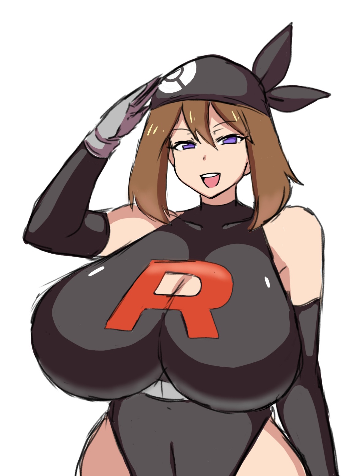 1girls, alternate breast size, bandana, big breasts, boob window, breasts, brown hair, cleavage, cleavage cutout, clothed female, clothing, corruption, enemy conversion, female, female only, huge breasts, may (pokemon), momiji (artist), nintendo, pokemon, pokemon rse, purple eyes, salute, sketch, sleeves, team rocket, team rocket uniform, white background