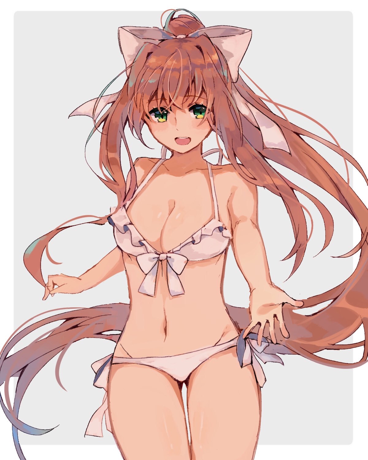 1girls, bikini, breasts, brown hair, doki doki literature club, female, green eyes, hair ribbon, long hair, looking at viewer, monika (doki doki literature club), smile, solo, thick thighs