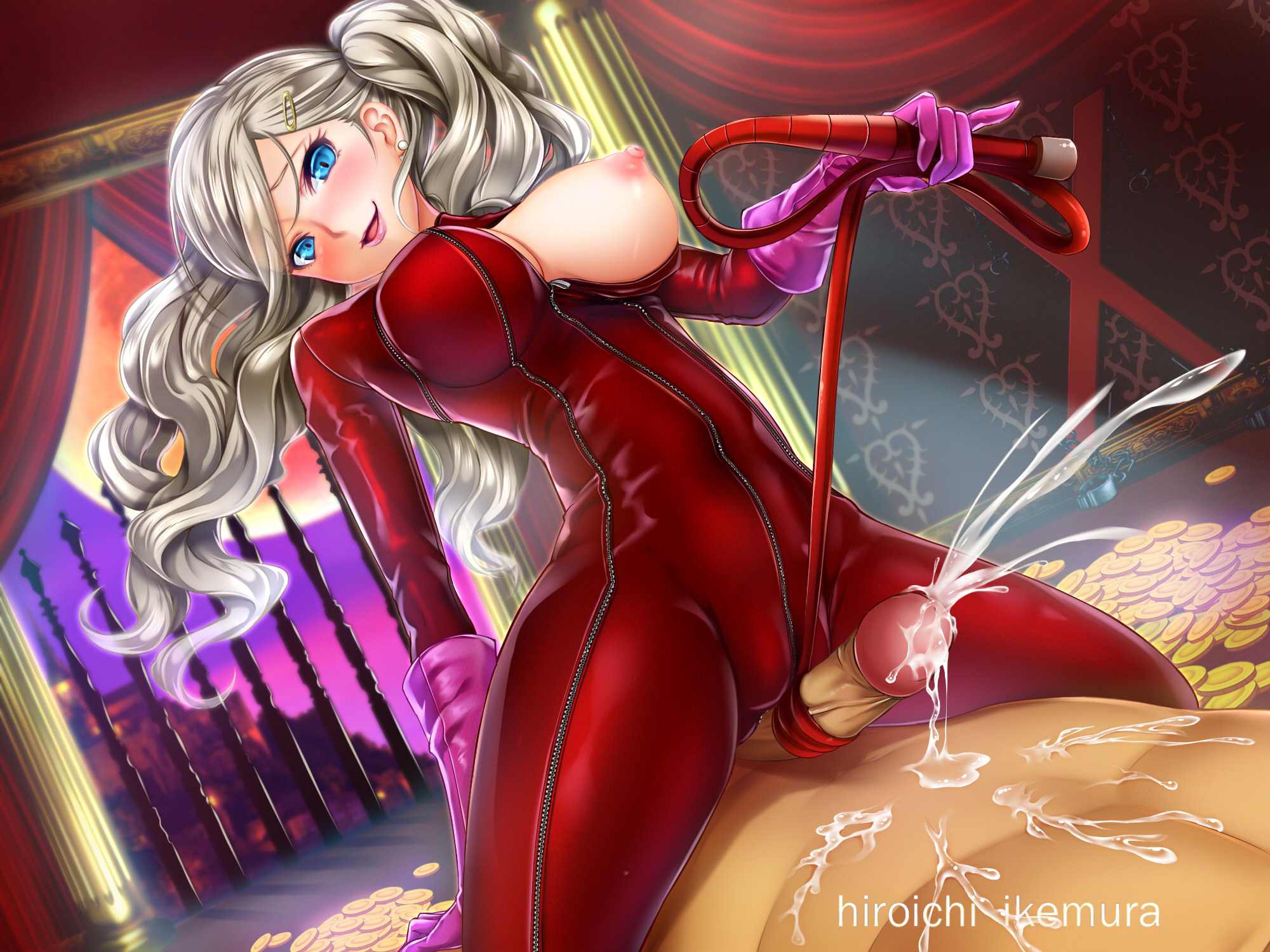 1boy, 4:3 aspect ratio, ann takamaki, blonde hair, blue eyes, blush, bodysuit, breasts, breasts out, clothing, cum, earrings, ejaculation, female, femdom, high resolution, ikemura hiroichi, jewelry, long hair, looking at viewer, male, penis, persona, persona 5, phantom thief suit, red bodysuit, straight, tied hair, twintails, whip