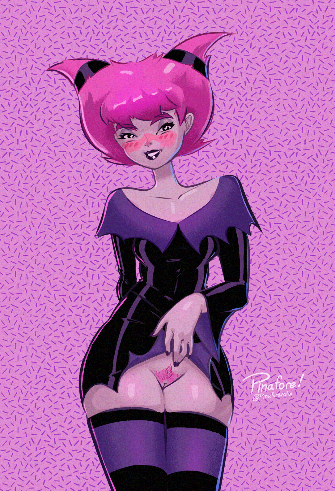 1girls, blushing, dc, dc comics, female, female only, flashing, flashing pussy, jinx (dc), lifted by self, pinafore (artist), pink hair, pubic hair, pussy, skindentation, skirt lift, solo, teen titans, thick thighs