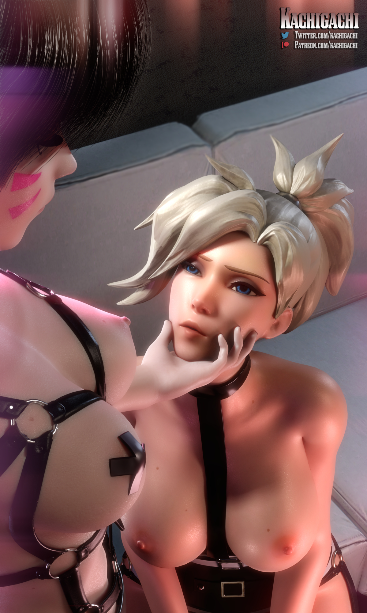 3d, blonde hair, blue eyes, bondage, bound, breasts, d.va, domination, dominatrix, exposed breasts, exposed nipples, female, higher resolution available, kachigachi, lowres, mercy, nipple covers, nipple pasties, nipple tape, overwatch, pasties, x pasties, yuri