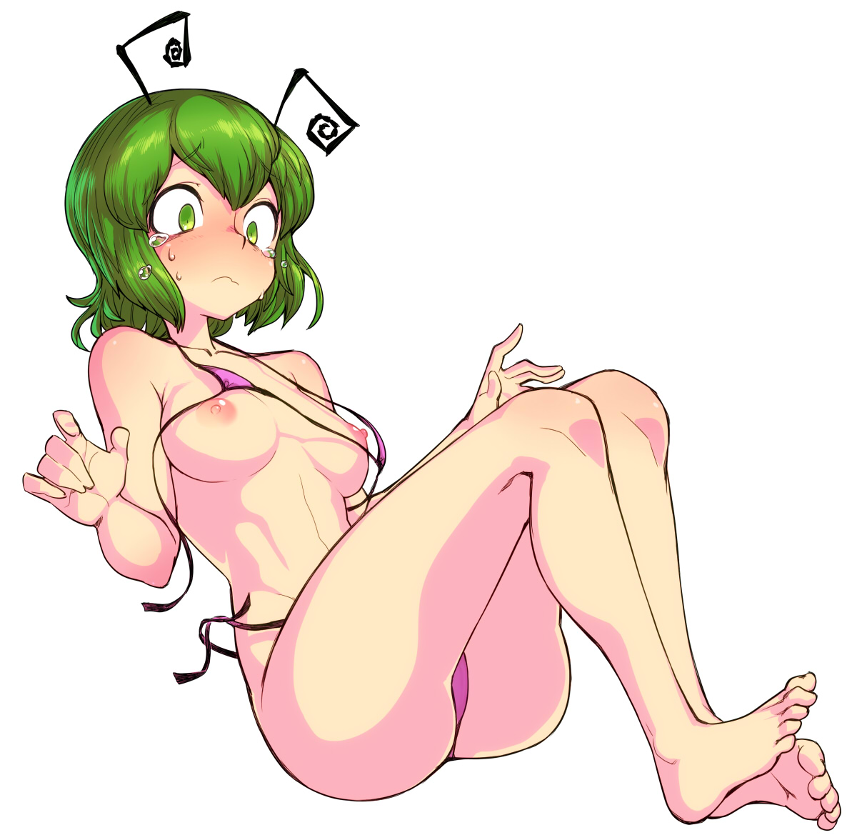 1girls, bikini, breasts, feet, female, green eyes, green hair, small breasts, spacezin, tagme, tears, touhou, wriggle nightbug