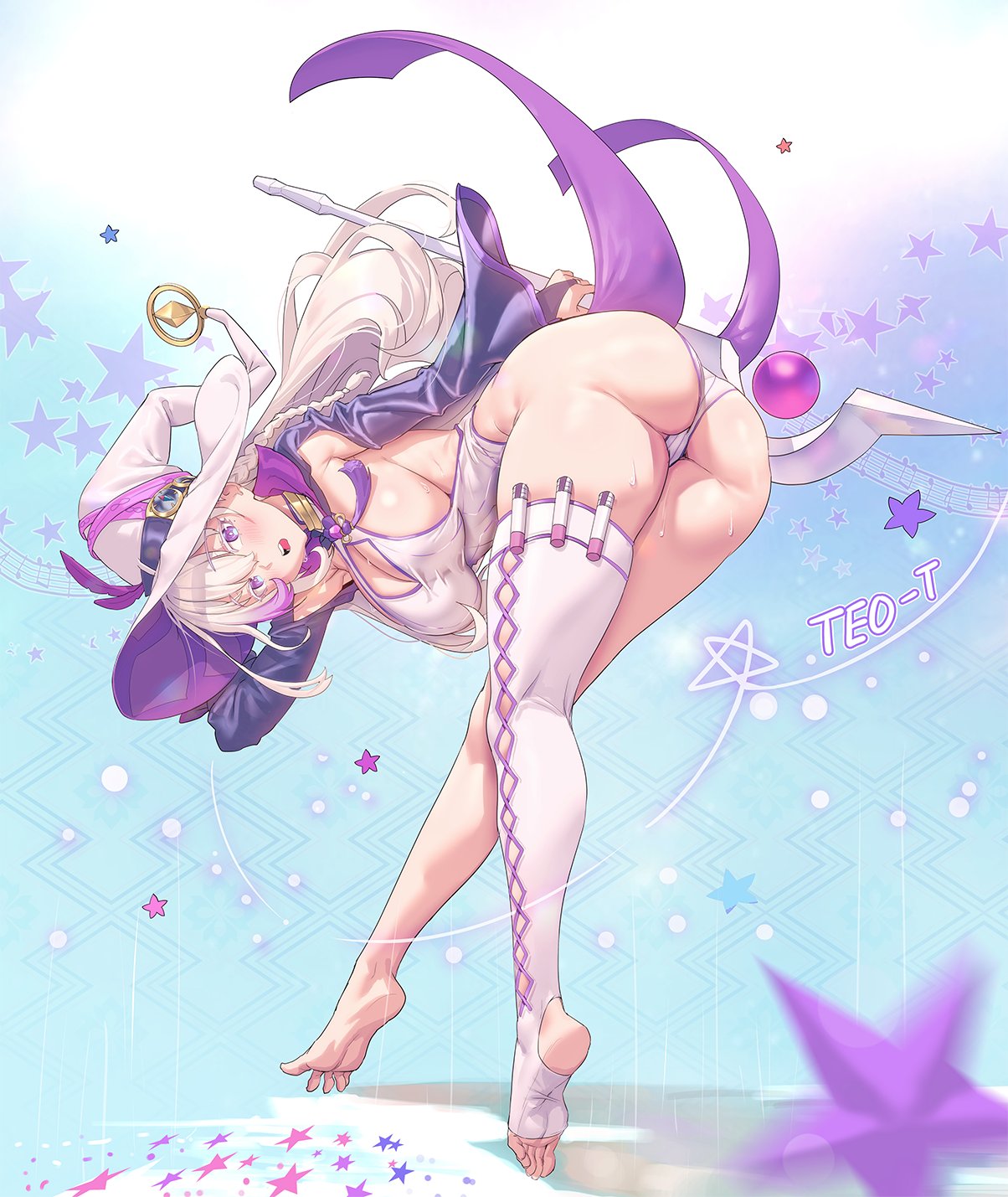 ass barefoot bent_over braid breasts cleavage commission feet female female from_behind hat highres large_breasts legs long_hair magical_girl mole mole_under_eye muloli open_mouth original purple_eyes rostina_cosmos single_thighhigh soles staff star_(symbol) sweat thighhighs thighs toeless_legwear toes white_hair witch_hat